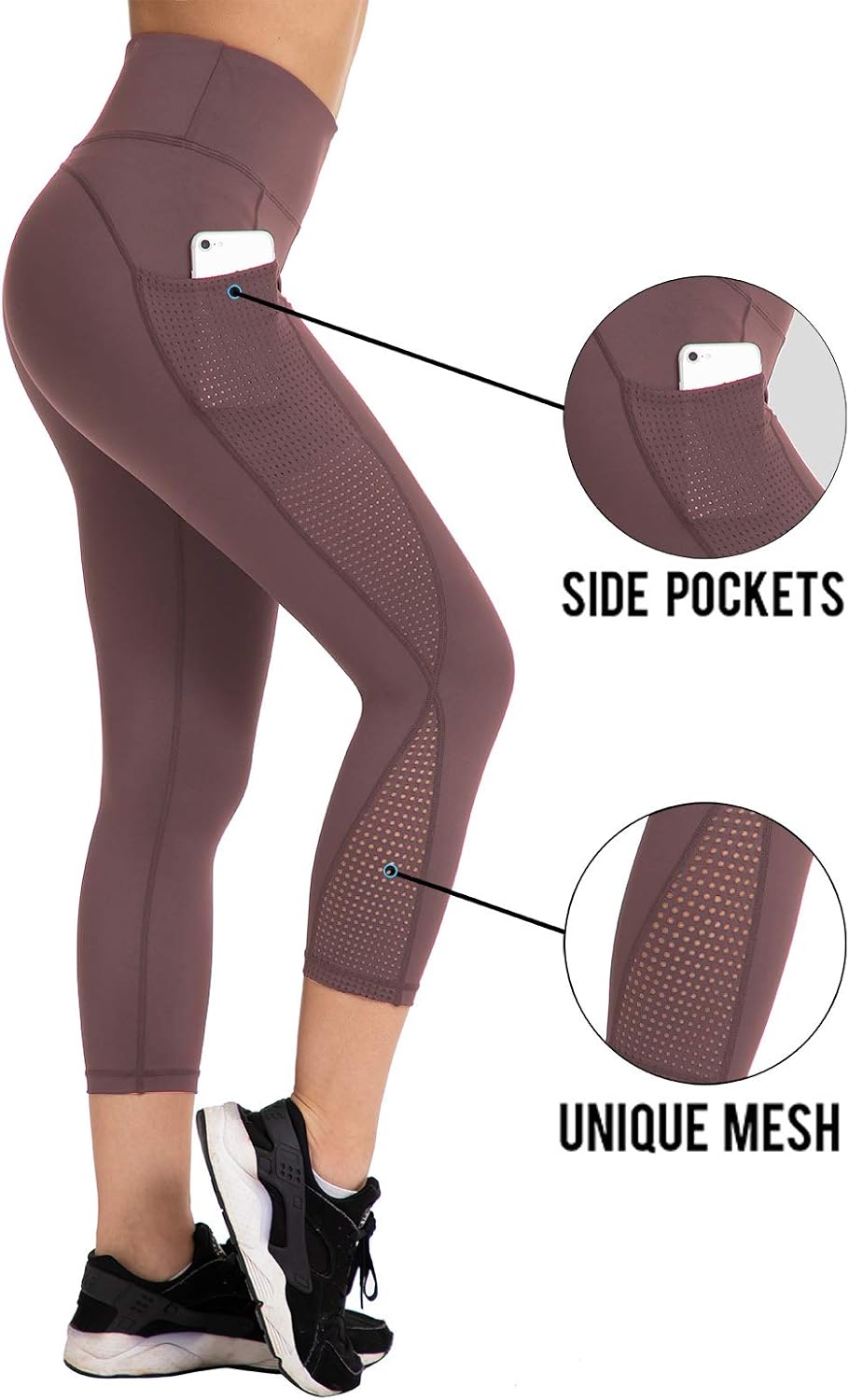 UURUN High Waist Yoga Pants Capri Workout Running Leggings with Pockets Non-See-Through Printed Fabric 