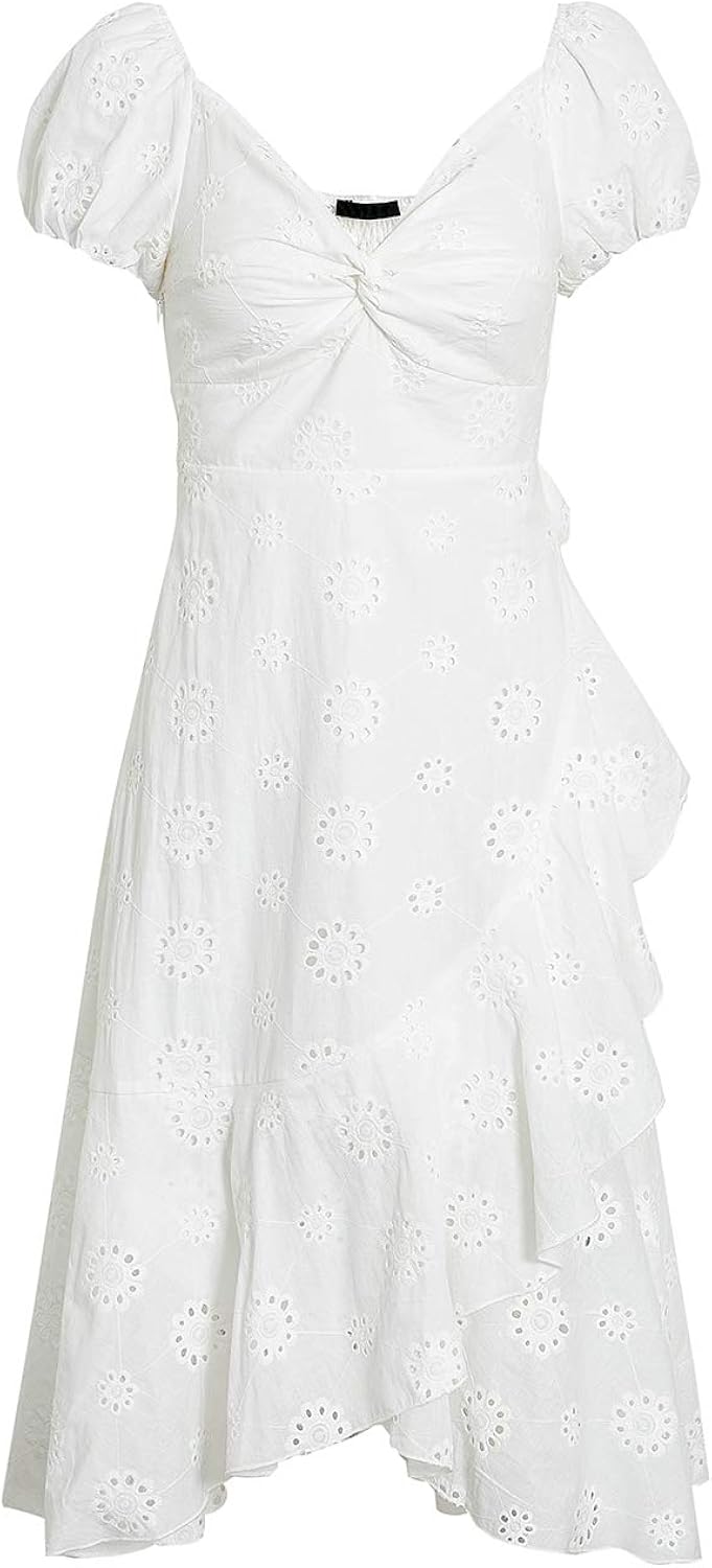 Miessial Women's Boho Off Shoulder Embroidery Midi Dresses Summer Elegant V-Neck Ruffle Dress 