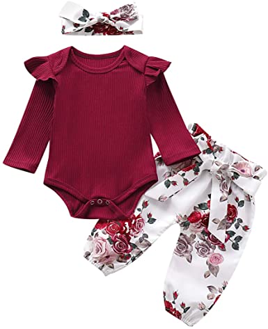 Newborn Infant Baby Girl Clothes Ruffle Long Sleeve Romper and Floral Pants with Headband 3PCS Set 
