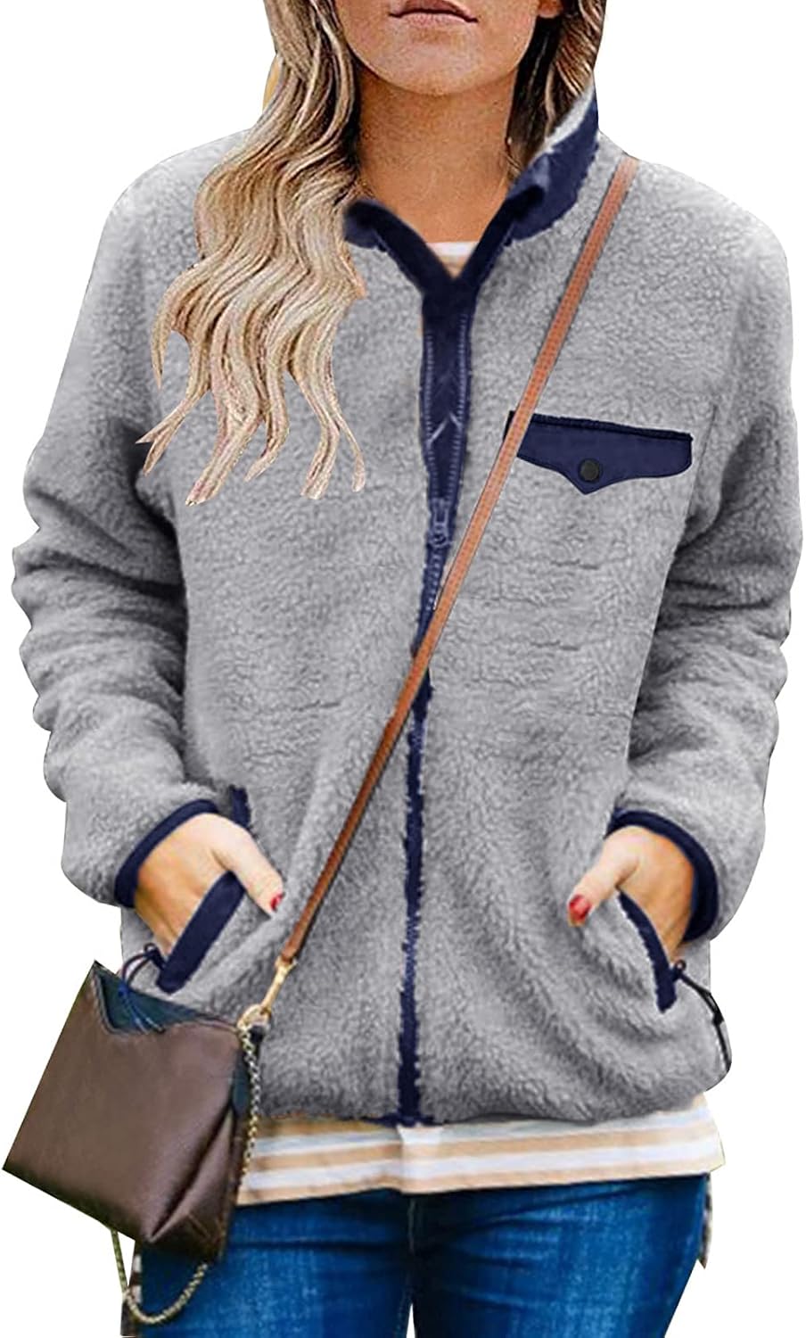 MEROKEETY Womens Long Sleeve Full Zip Sherpa Jackets Patchwork Fleece Coat with Zipper 