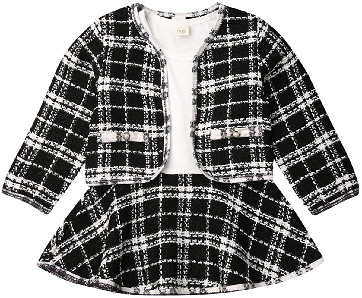 2Pcs Toddler Baby Girls Kid Long Sleeve Plaid Cardigan Coat Outwear Plaid Dress Tutu Skirt Princess Party Formal Outfits 