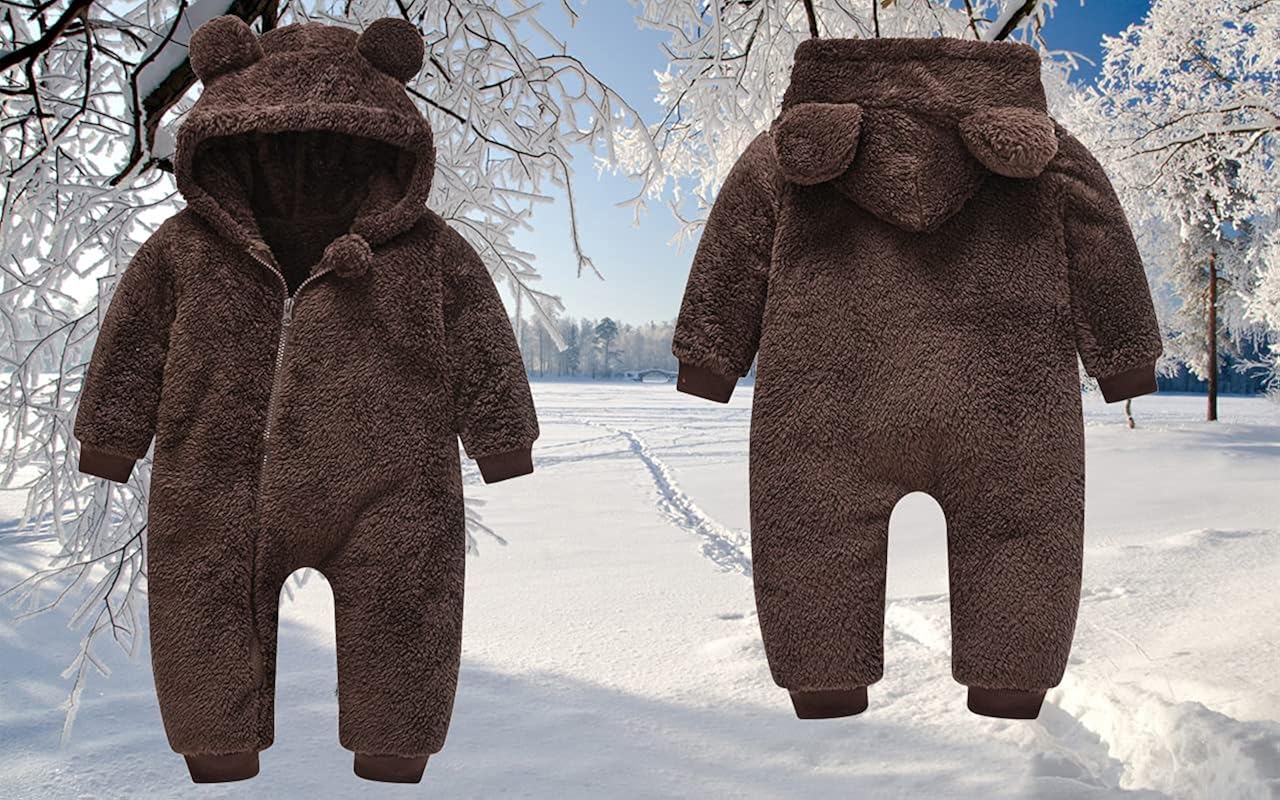 Toddler Baby Boys Girls Full Zip Up Plush Hooded Bodysuit Cute Bear Ears Winter Thick Jumpsuit Romper Warm Outwear 
