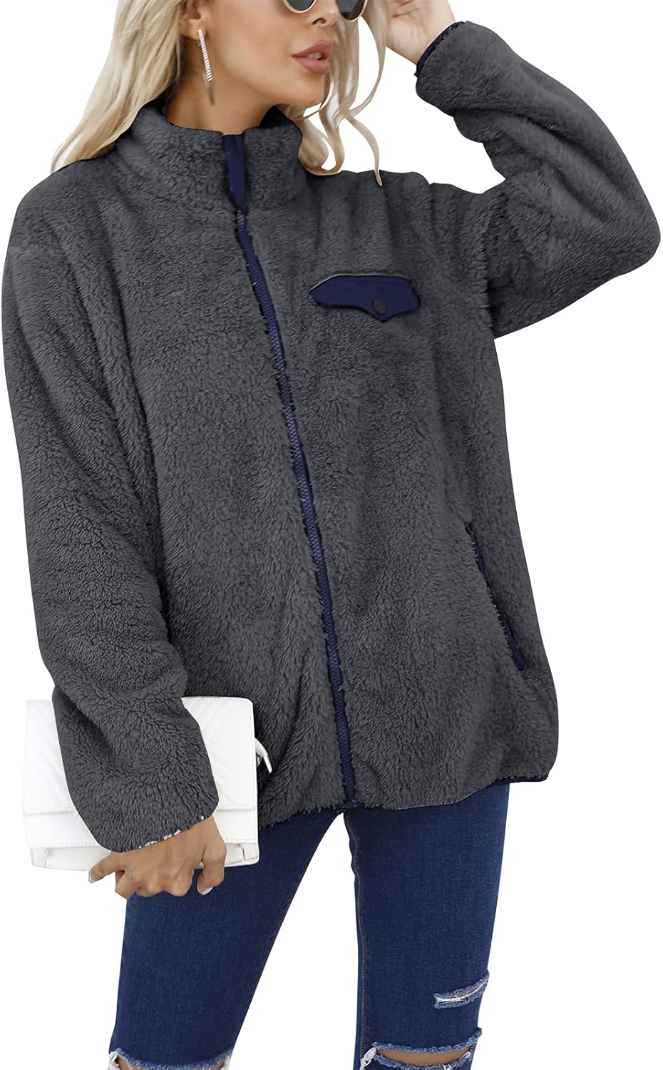 MEROKEETY Womens Long Sleeve Full Zip Sherpa Jackets Patchwork Fleece Coat with Zipper 