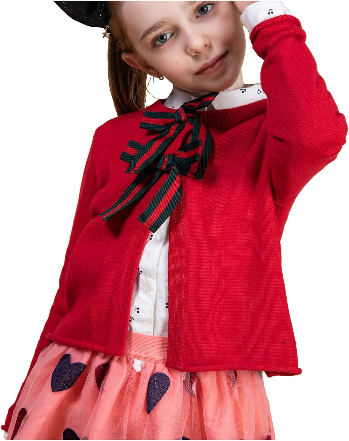 Benito & Benita Girls Cardigan Button Up with Bow Cropped Bolero Sweater Long Sleeve Crew Neck 