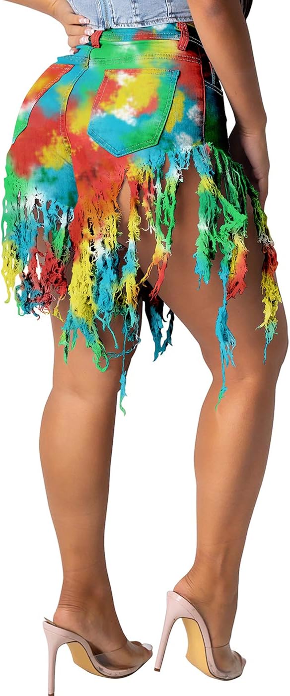 AOZZO Women's Stretch Jean Shorts Butt Lifting Push Up High Waist Distressed Frayed Raw Hem Tassele Denim Shorts 