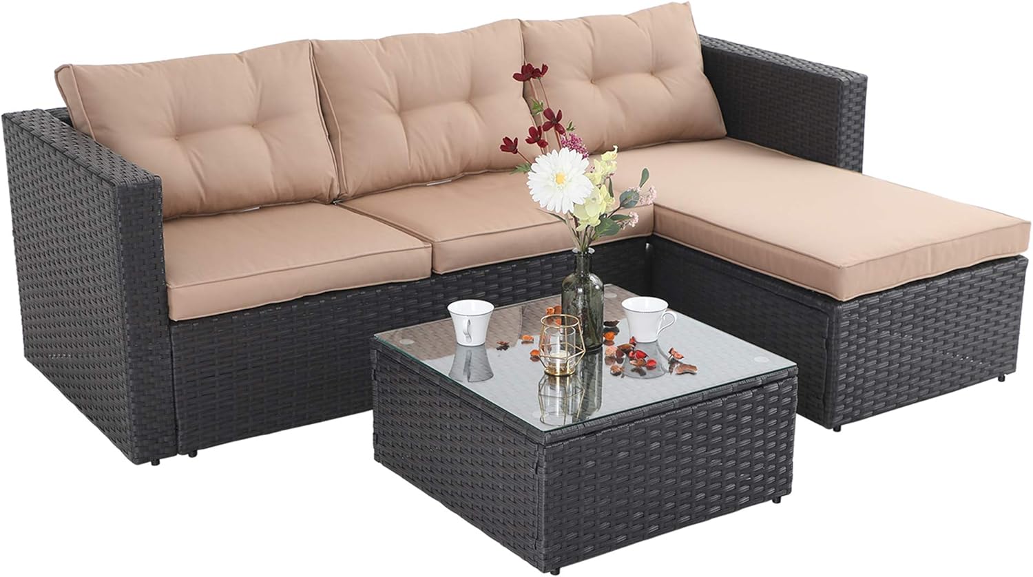 3-Piece, Turquoise Small Patio Wicker Furniture Set PHI VILLA Outdoor Rattan Sectional Sofa 