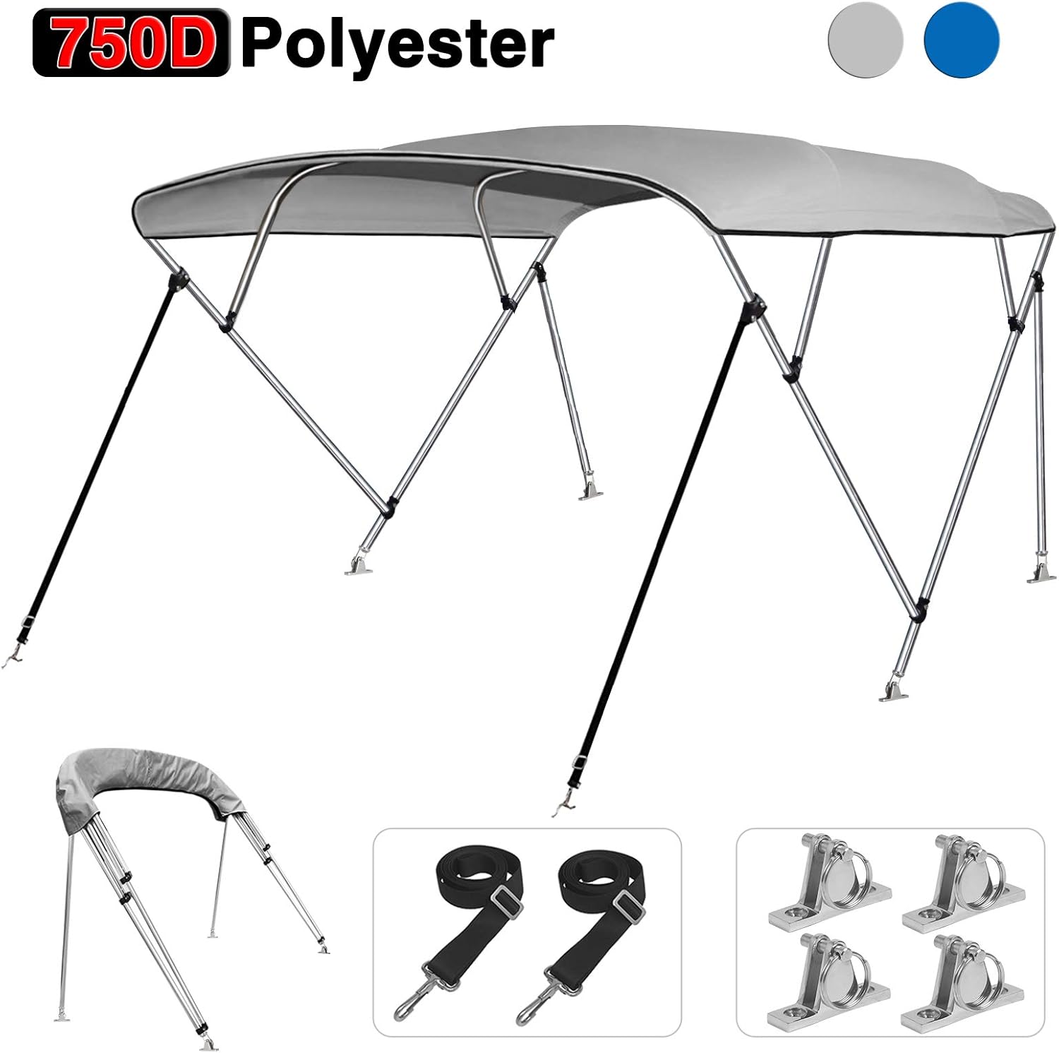 2 Straps KAKIT 750D 3 4 Bow Bimini Top Boat Cover with 2 Rear Support Poles Stainless Steel Mounting Hardwares 1 Inch Stainless Aluminum Frame Storage Boot 4 Quick Release Deck Mounts 