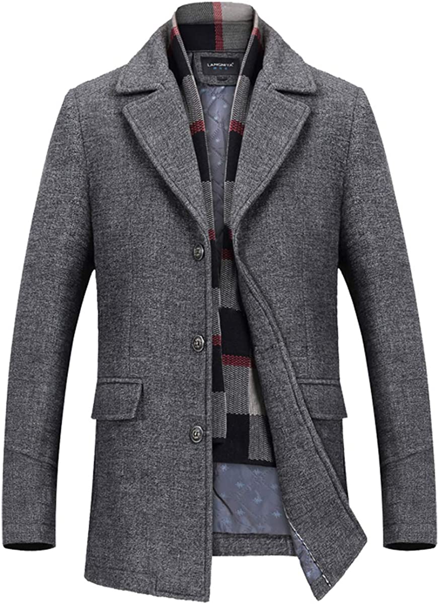 INVACHI Men's Single breasted Mid-length Winter Woolen Business Coat with Free Detachable Soft Touch Wool Scarf 