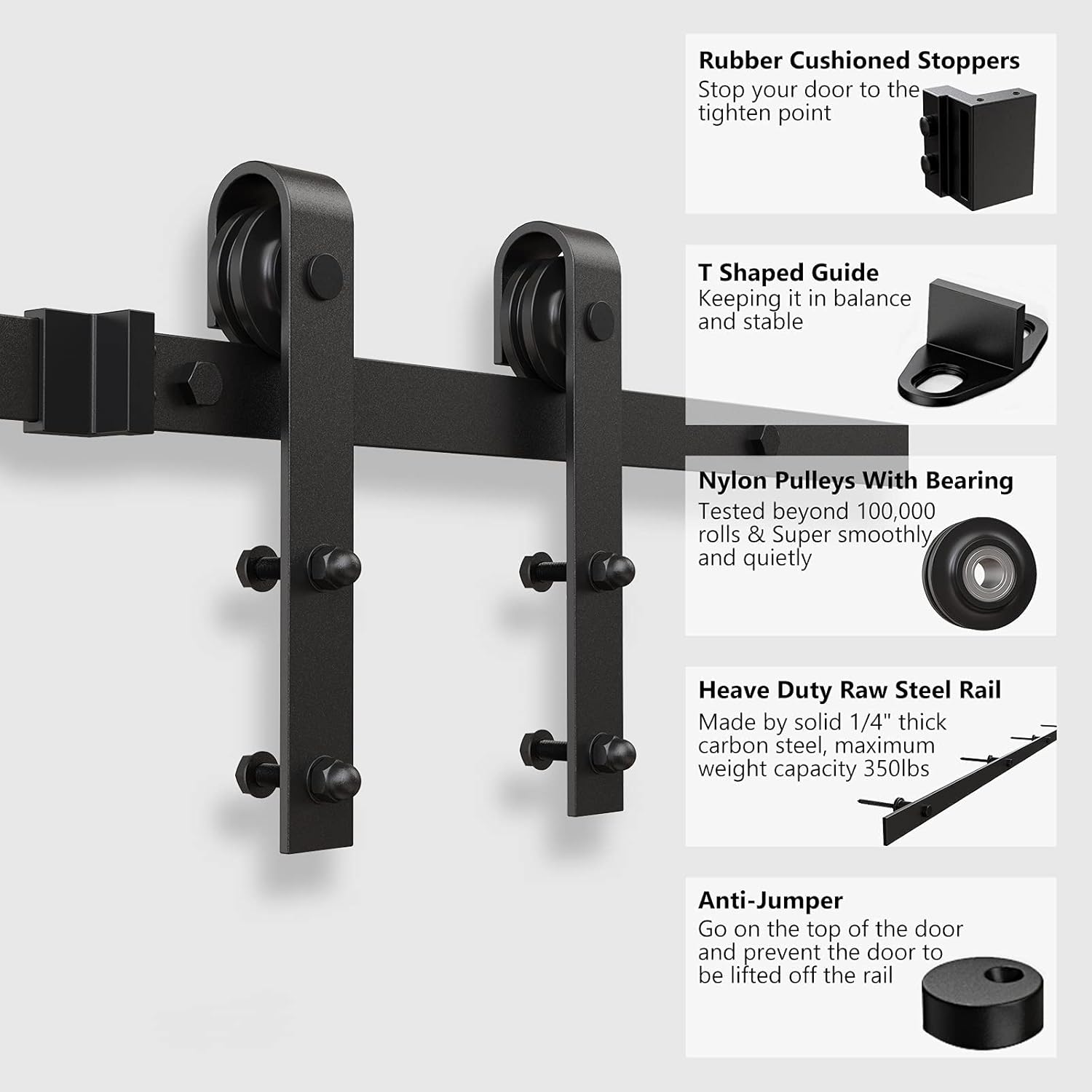 Easy Installation J Shape Hanger Smoothly and Quietly Fit 1 3/8-1 3/4 Thickness Door Panel Black ROOMTEC Sliding Barn Door Hardware Kit 6ft Heavy Duty Sturdy 