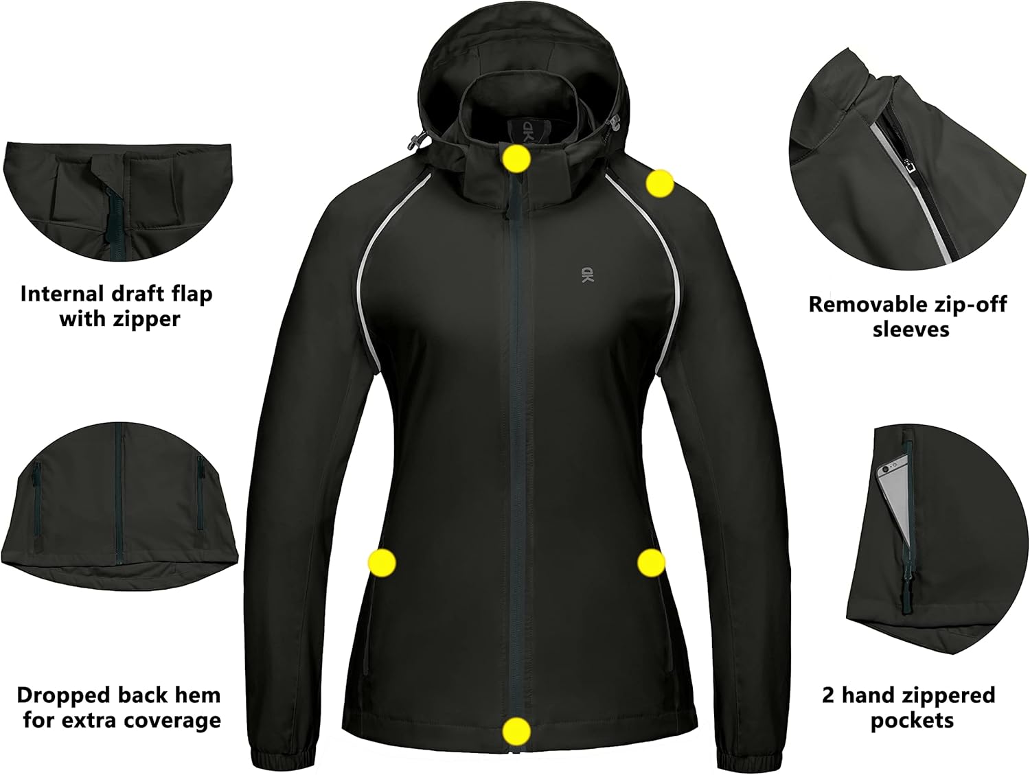 Cycling Jacket with Detachable Sleeves and Hood Little Donkey Andy Women's Quick-Dry Running Jacket UPF 50 