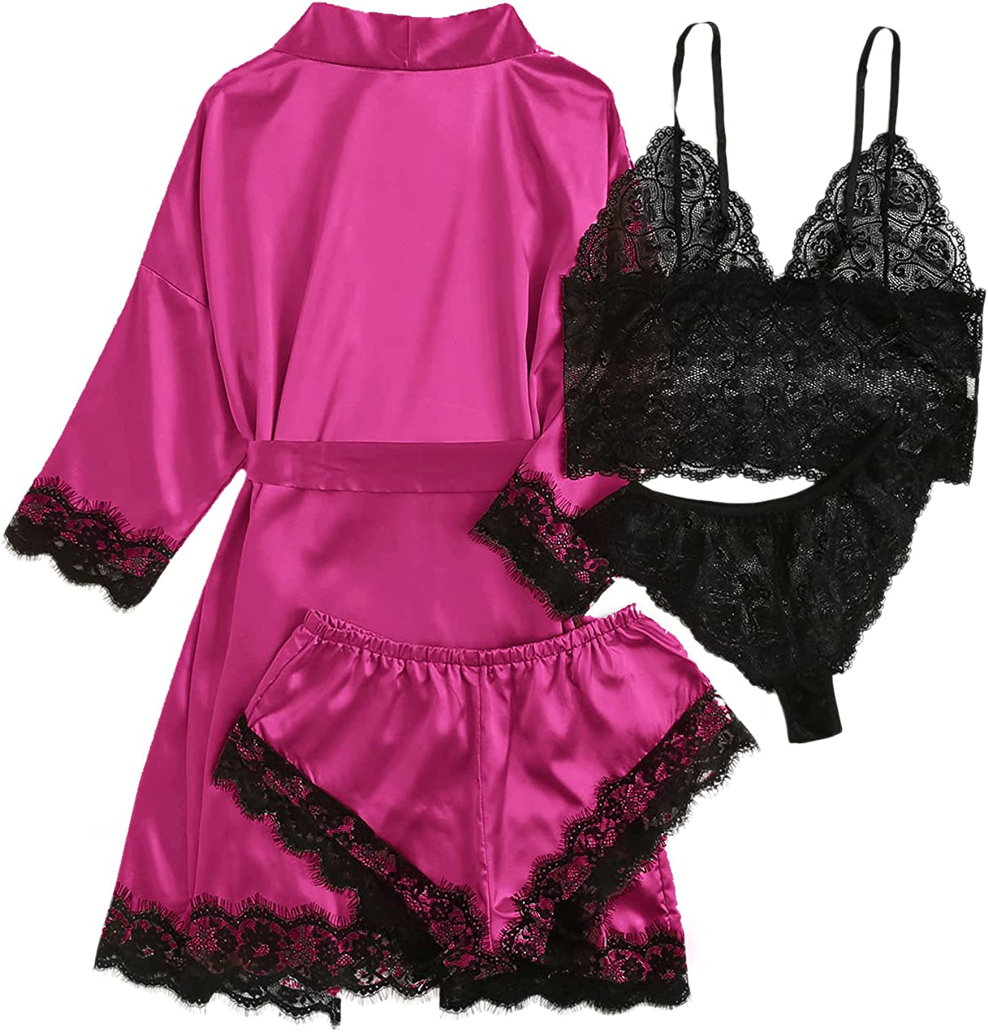 WDIRARA Women's 4 Pieces Satin Floral Lace Cami Top Lingerie Pajama Set with Robe 