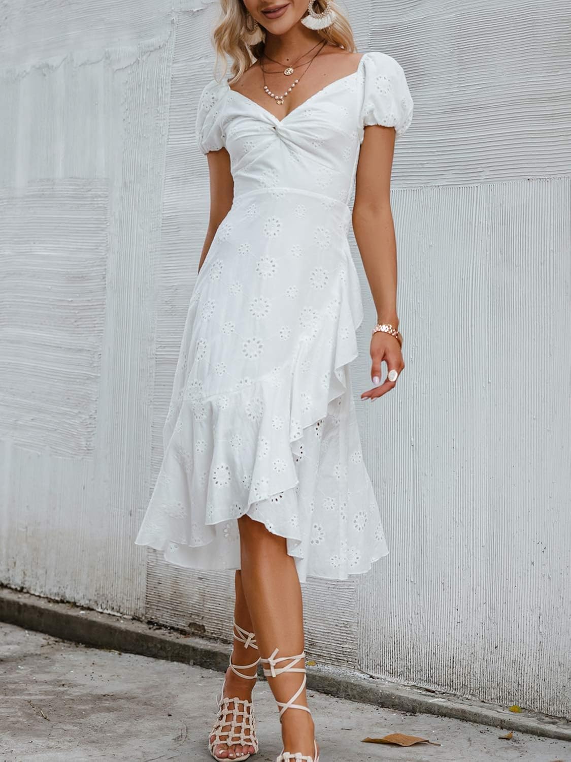 Miessial Women's Boho Off Shoulder Embroidery Midi Dresses Summer Elegant V-Neck Ruffle Dress 