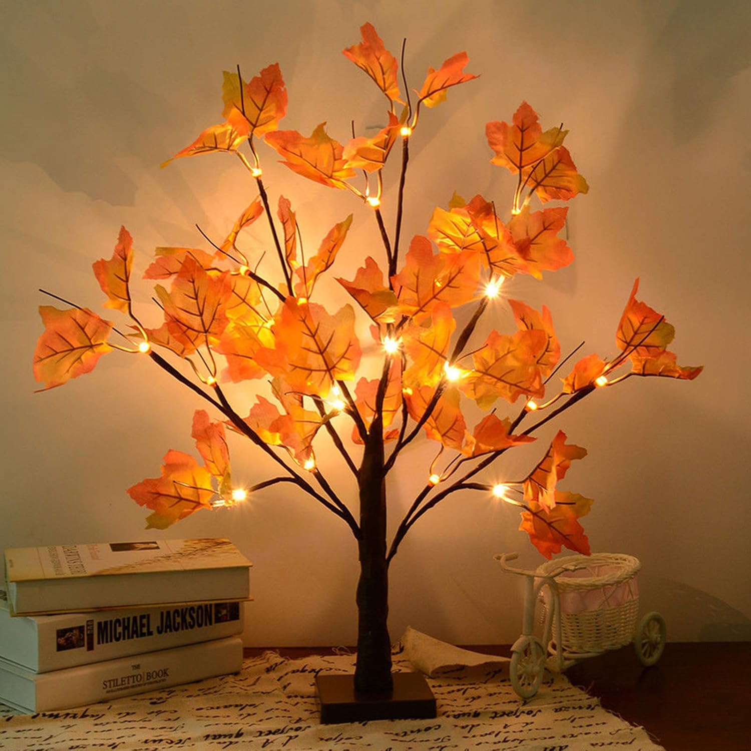 WATERGLIDE Tabletop Lighted Maple Tree 24 LED Thanksgiving Decorations Lights Artificial Table Centerpiece Battery Operated with Timer Leaf and Acorn Autumn Fall Trees for Indoor Home Bedroom Décor 