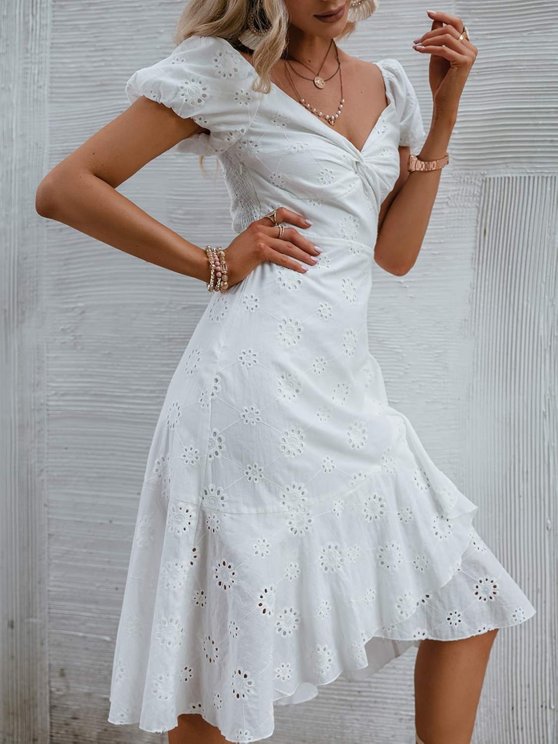 Miessial Women's Boho Off Shoulder Embroidery Midi Dresses Summer Elegant V-Neck Ruffle Dress 