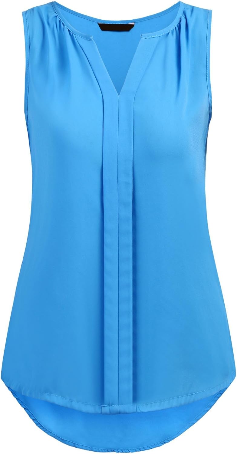 Grabsa Women's Chiffon Blouse Notch Neck Sleeveless Pleated Front Tank Top Grabsa Women's Chiffon Blouse Notch Neck Sleeveless Pleated Front Tank Top