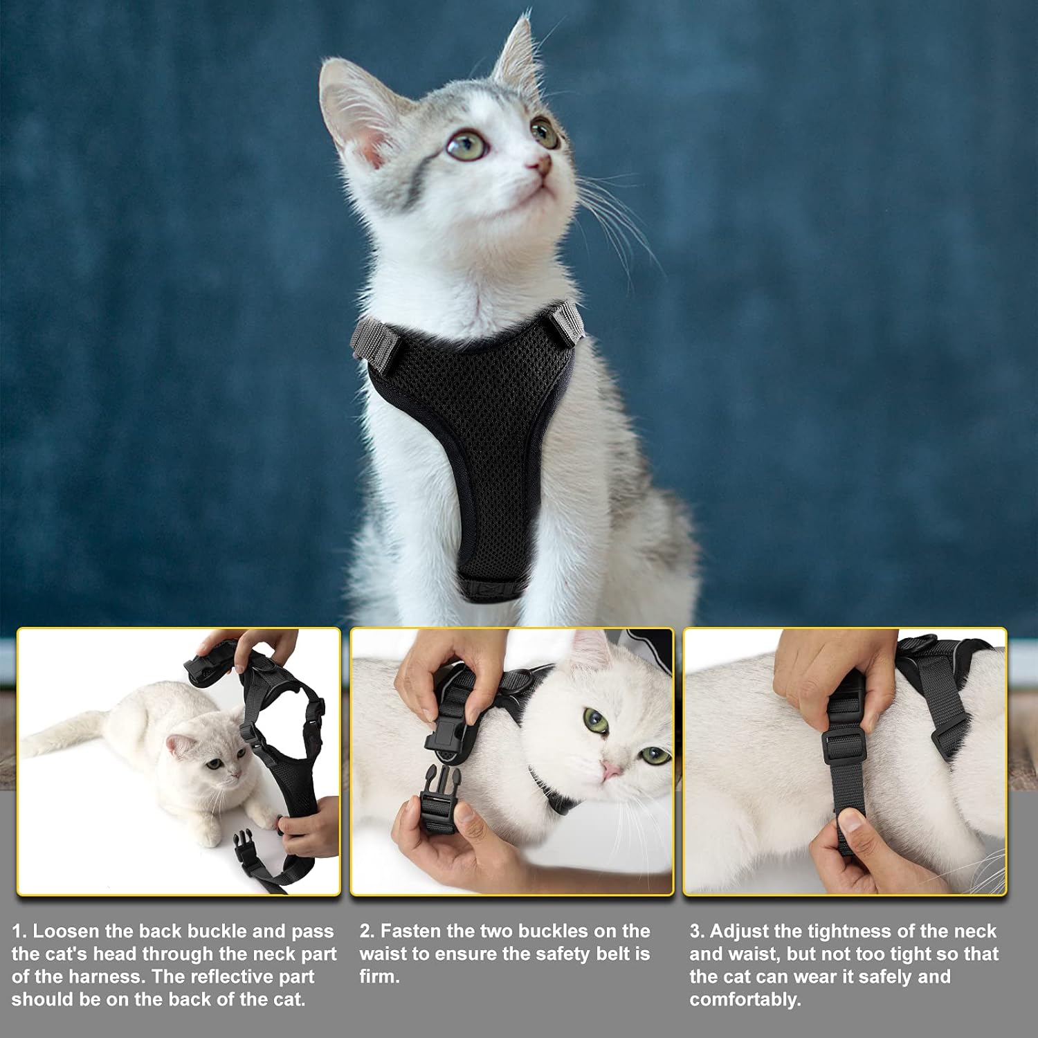 Easy Control and Soft Breathable Mesh Small Pet Vest for Outdoor Walking Escape Proof Adjustable Kitten Harness with Reflective Strip Demigreat Cat Harness with Plush Bouncy Ball and 2 Mouse Toy 