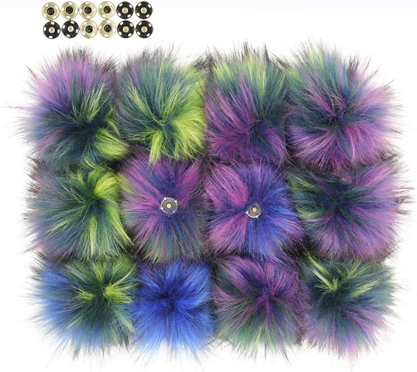 Fluffy Faux Raccoon Fur Pompoms with Press Button for Knitting Hat Garment Accessories 6 Inches Pack of 12 White 