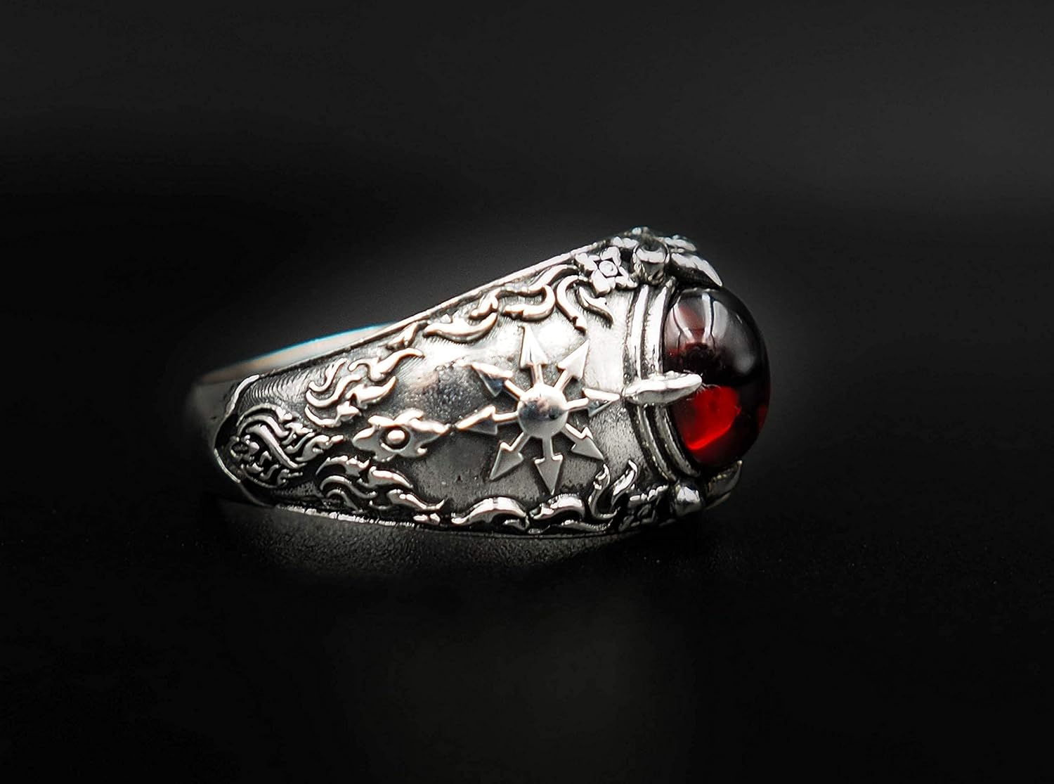 Garnet Gothic Magic Chaos Star Crossed Ring for Women's and Men's Ring 925 Sterling Silver Size 6-15 