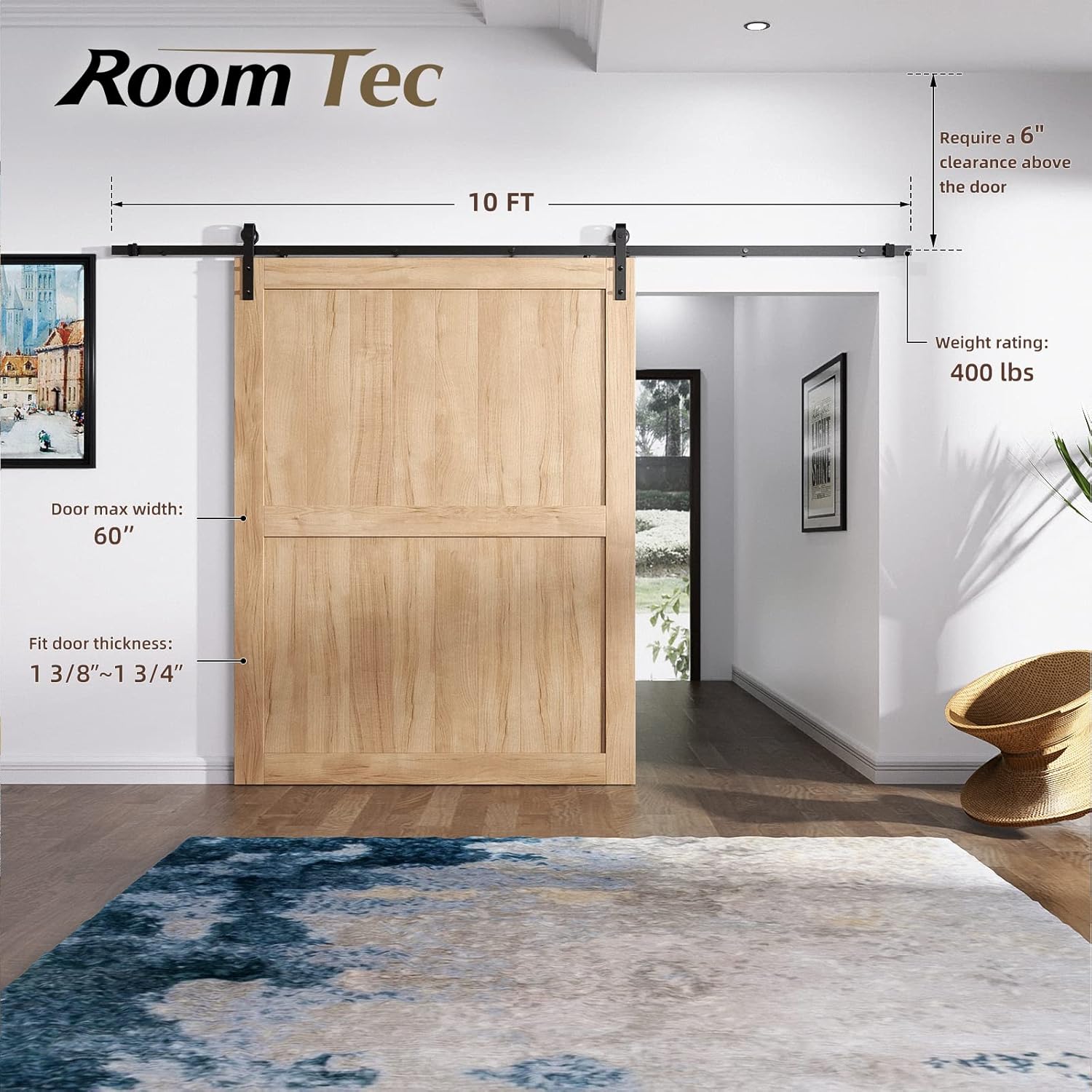 Easy Installation J Shape Hanger Smoothly and Quietly Fit 1 3/8-1 3/4 Thickness Door Panel Black ROOMTEC Sliding Barn Door Hardware Kit 6ft Heavy Duty Sturdy 