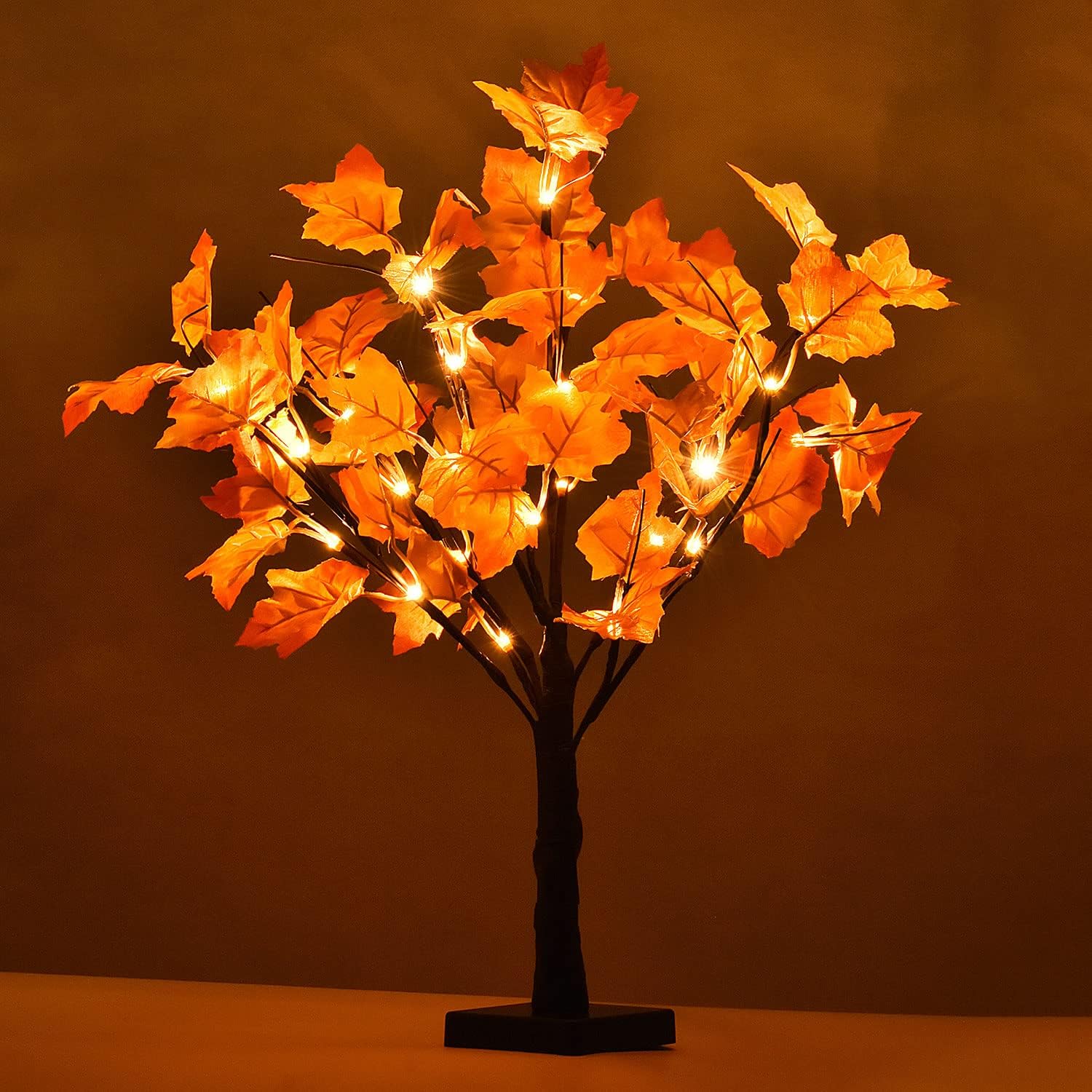 WATERGLIDE Tabletop Lighted Maple Tree 24 LED Thanksgiving Decorations Lights Artificial Table Centerpiece Battery Operated with Timer Leaf and Acorn Autumn Fall Trees for Indoor Home Bedroom Décor 