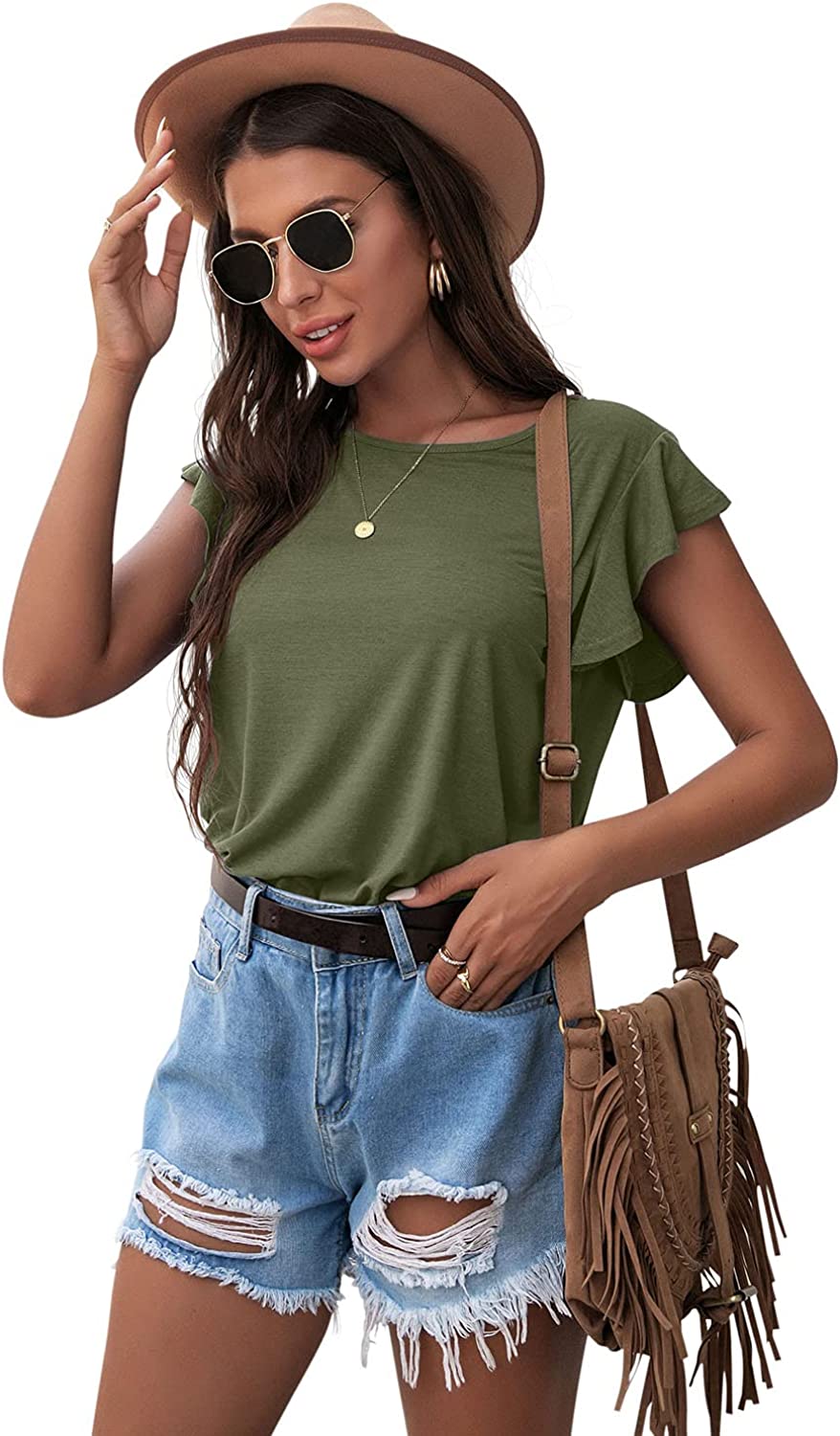 PrinStory Summer Tops Knit Shirts Casual Ruffle Short Sleeve Top Round Neck Tunic Tank Tops Tee Blouse for Women 