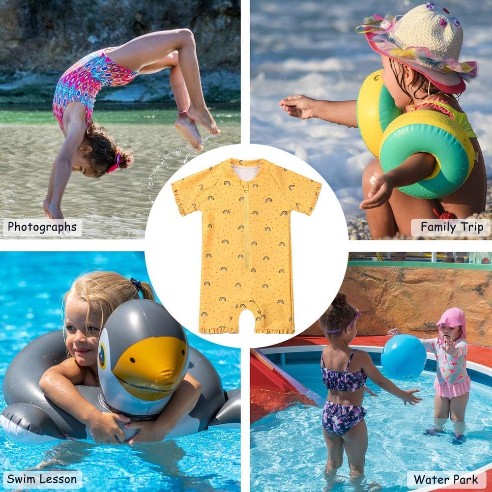 Short Sleeve Bathing Suit Swimsuit Cadocado Girls Print Zip Rash Guard Swimwear Ruffled UPF 50 