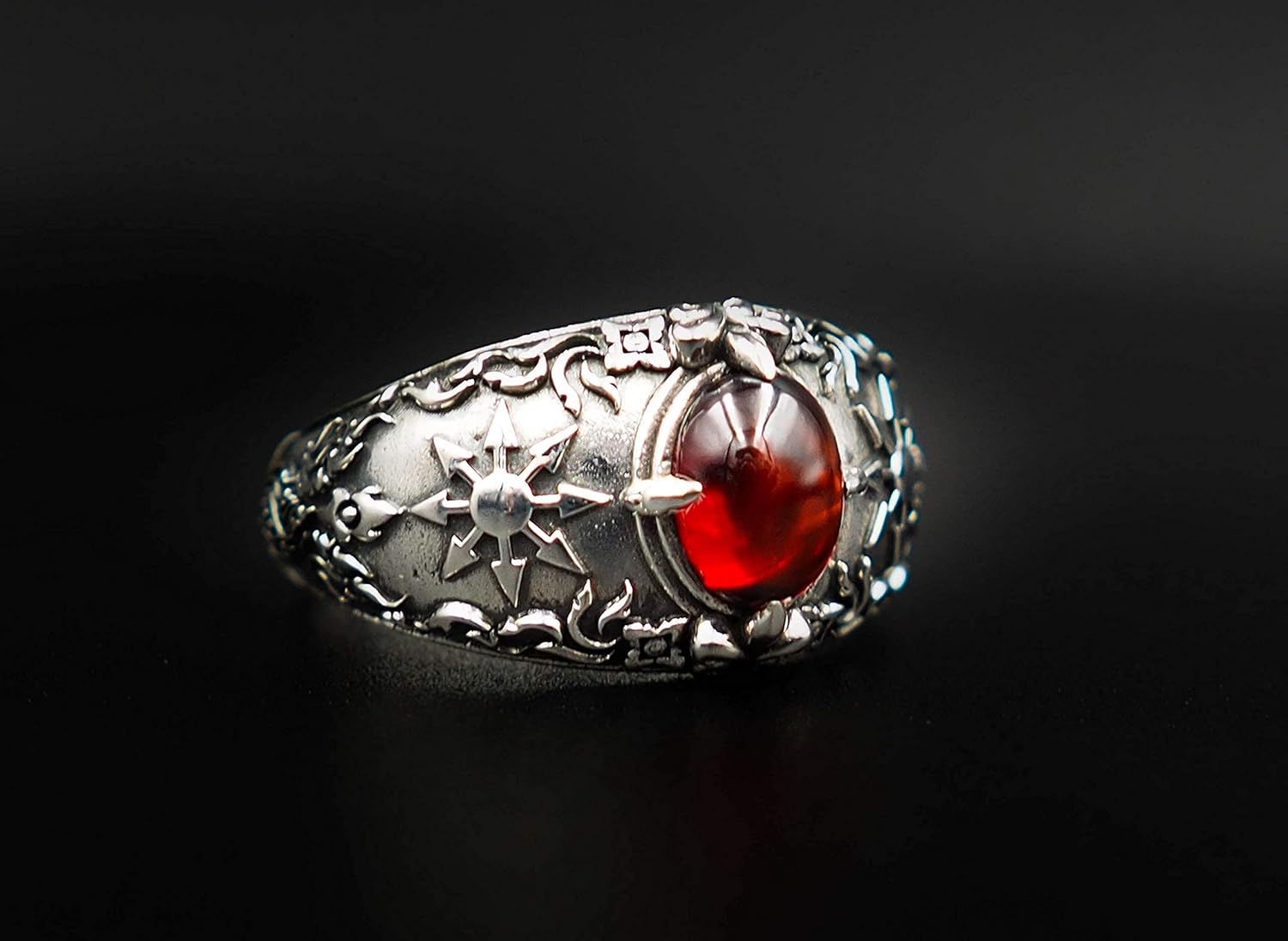 Garnet Gothic Magic Chaos Star Crossed Ring for Women's and Men's Ring 925 Sterling Silver Size 6-15 