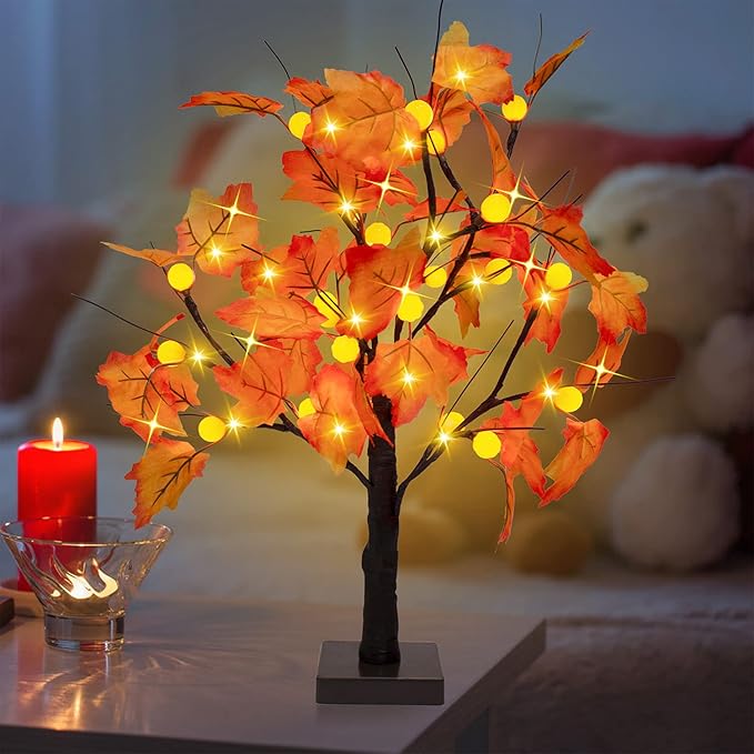 WATERGLIDE Tabletop Lighted Maple Tree 24 LED Thanksgiving Decorations Lights Artificial Table Centerpiece Battery Operated with Timer Leaf and Acorn Autumn Fall Trees for Indoor Home Bedroom Décor 