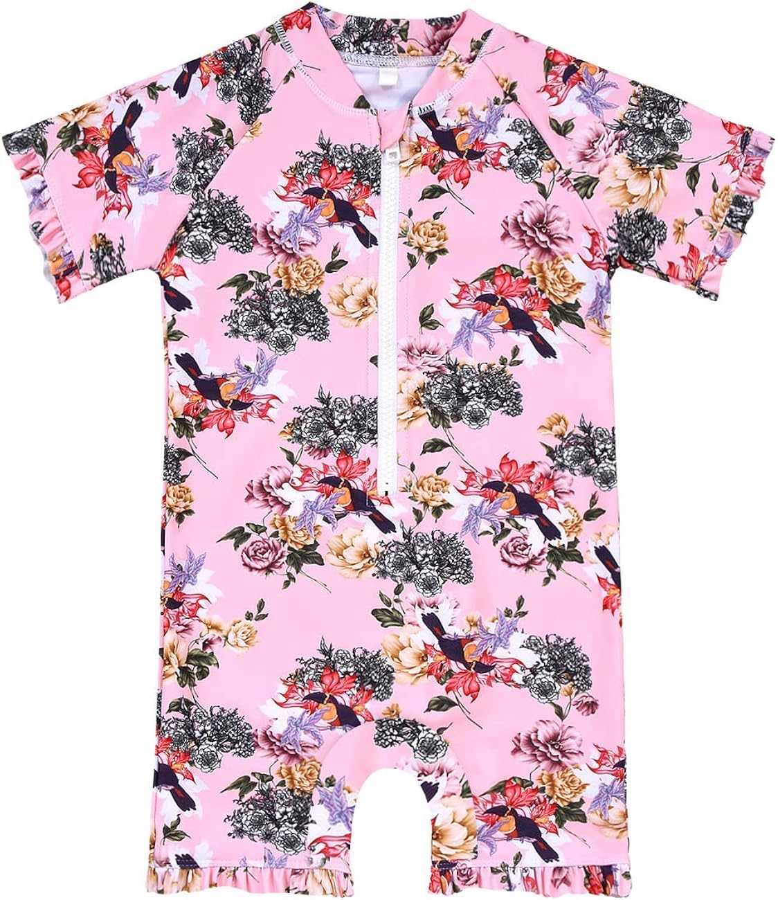 Short Sleeve Bathing Suit Swimsuit Cadocado Girls Print Zip Rash Guard Swimwear Ruffled UPF 50 