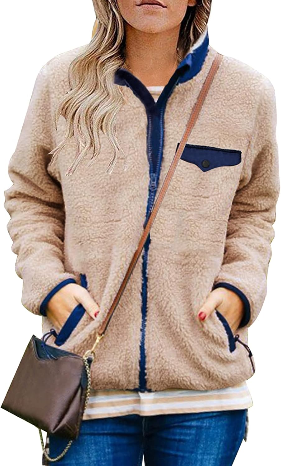 MEROKEETY Womens Long Sleeve Full Zip Sherpa Jackets Patchwork Fleece Coat with Zipper 