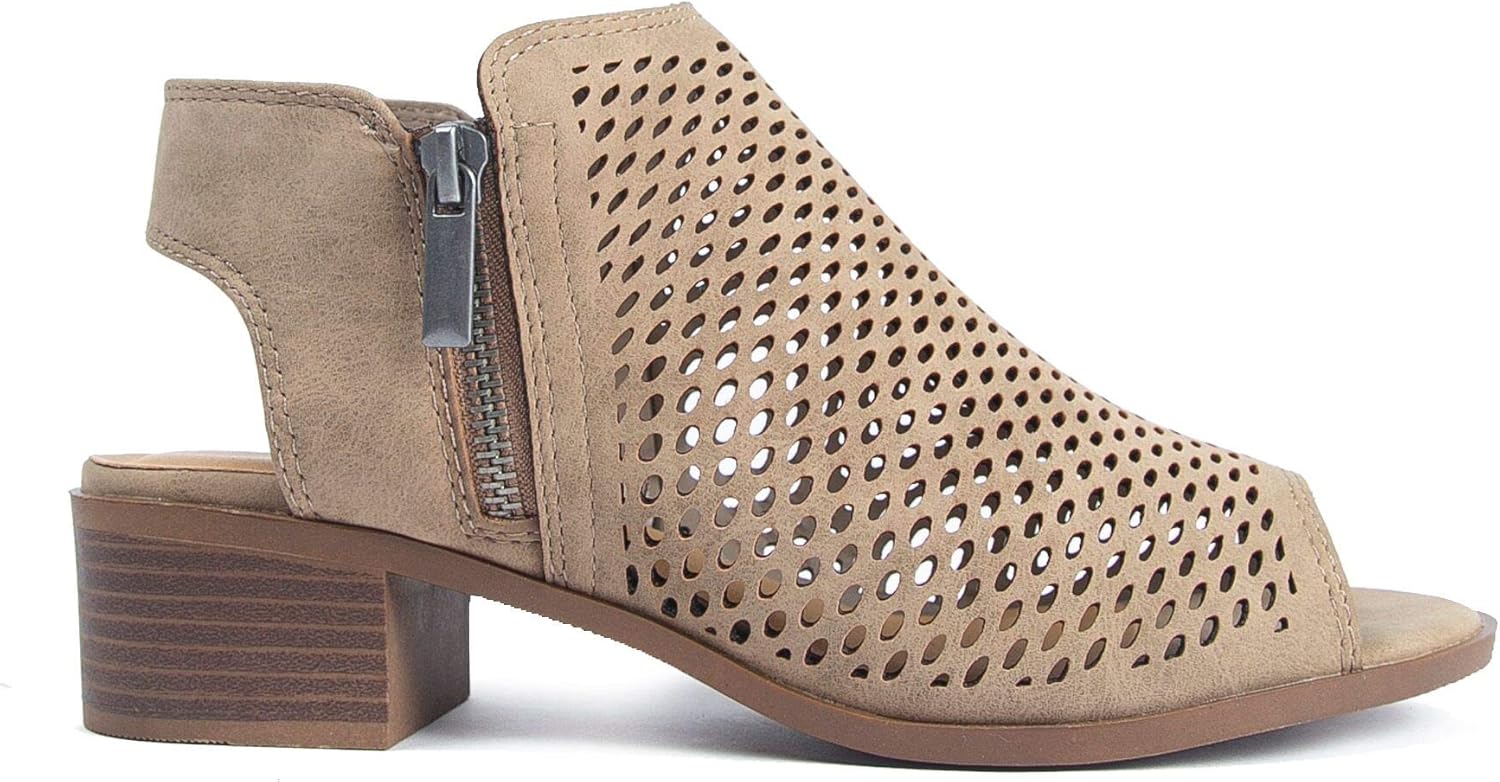 Peep Toe Low Block Heel Perforated Bootie J Adams Tracy Booties for Women Peep Toe Low Block Heel Perforated Bootie J Adams Tracy Booties for Women