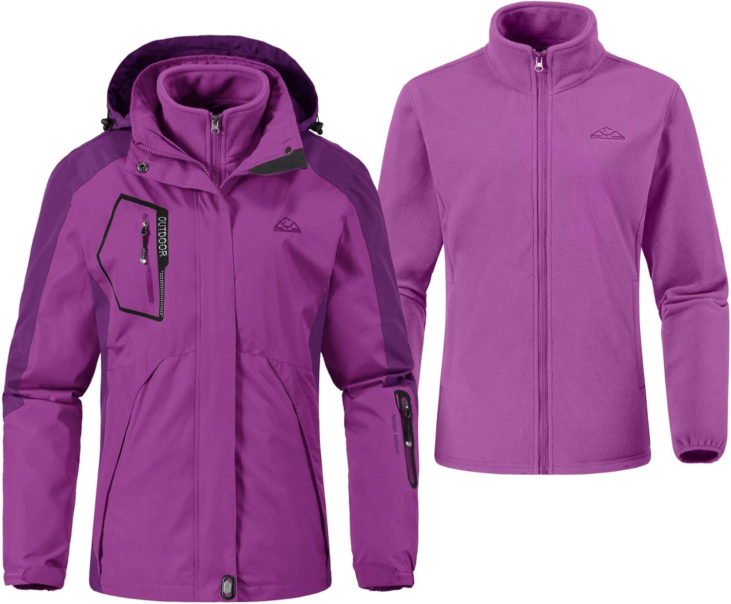 Rdruko Women's Outdoor 3-in-1 Waterproof Ski Jacket Fleece Inner Winter Coat Hooded 