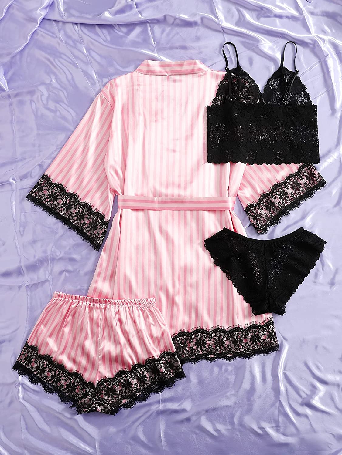 WDIRARA Women's 4 Pieces Satin Floral Lace Cami Top Lingerie Pajama Set with Robe 