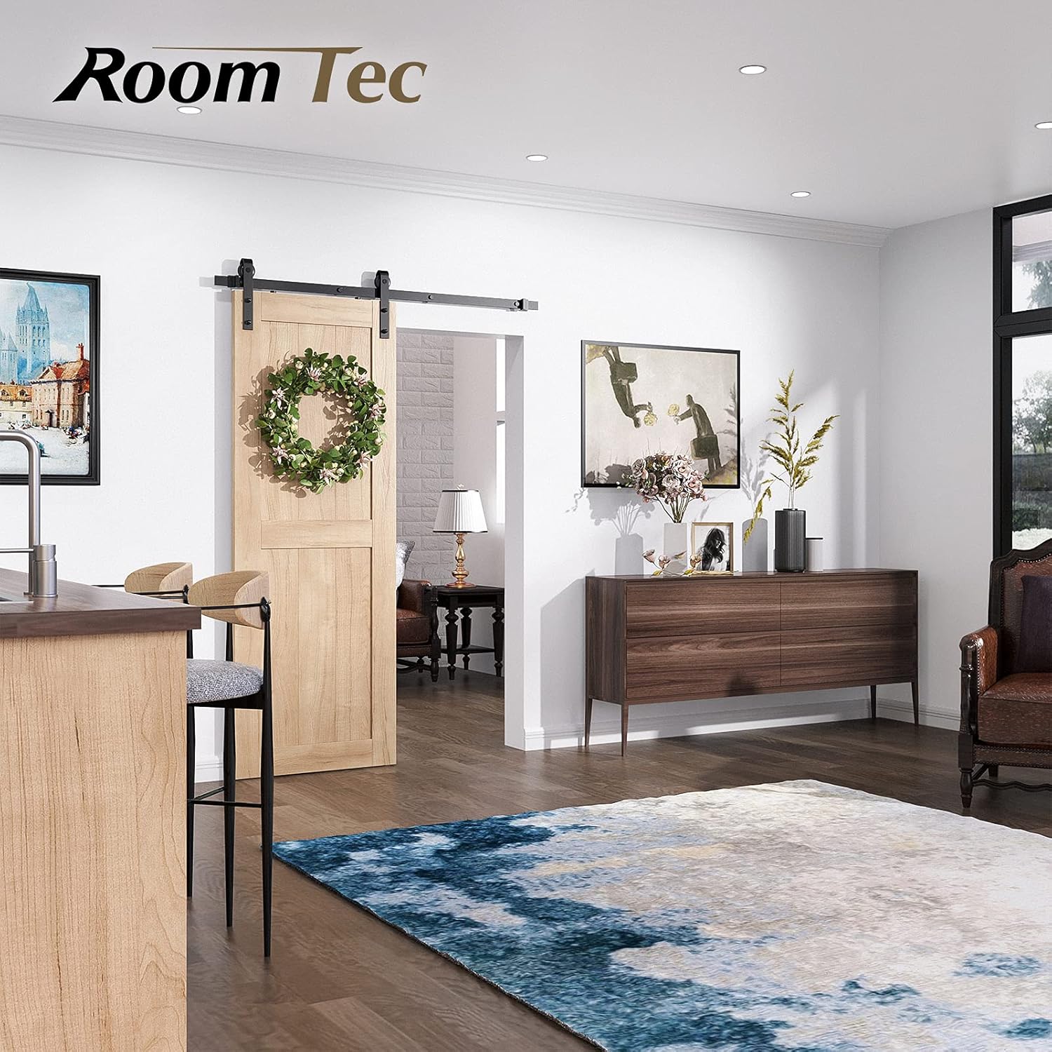 Easy Installation J Shape Hanger Smoothly and Quietly Fit 1 3/8-1 3/4 Thickness Door Panel Black ROOMTEC Sliding Barn Door Hardware Kit 6ft Heavy Duty Sturdy 
