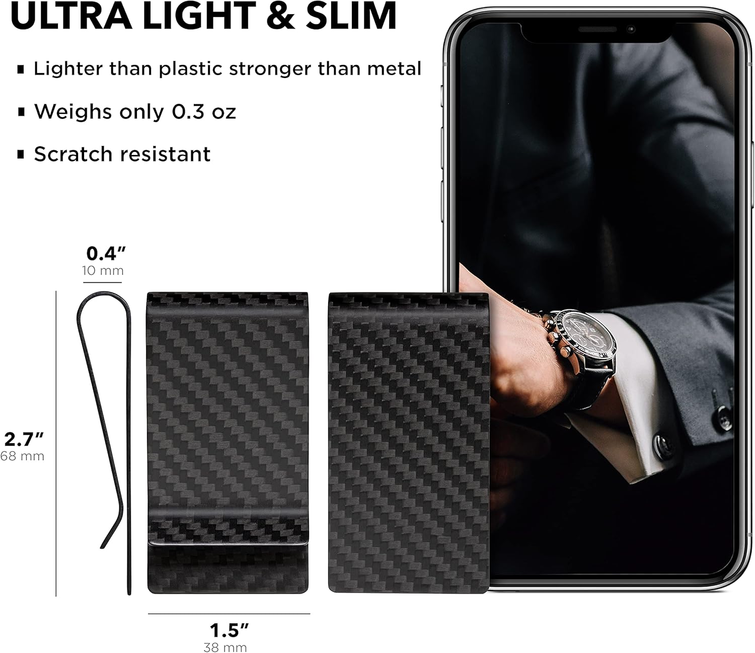 SERMAN BRANDS Carbon Fiber Money Clip Credit Card Holder Slim Business Front Pocket Clips for Men Black Glossy 