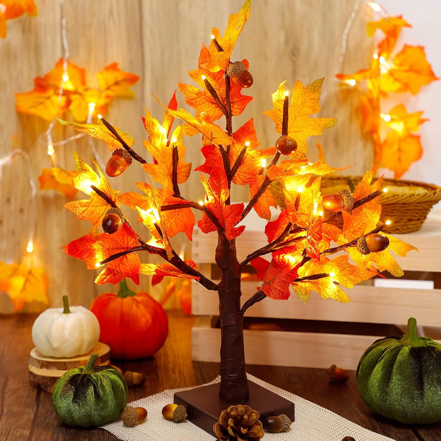WATERGLIDE Tabletop Lighted Maple Tree 24 LED Thanksgiving Decorations Lights Artificial Table Centerpiece Battery Operated with Timer Leaf and Acorn Autumn Fall Trees for Indoor Home Bedroom Décor 