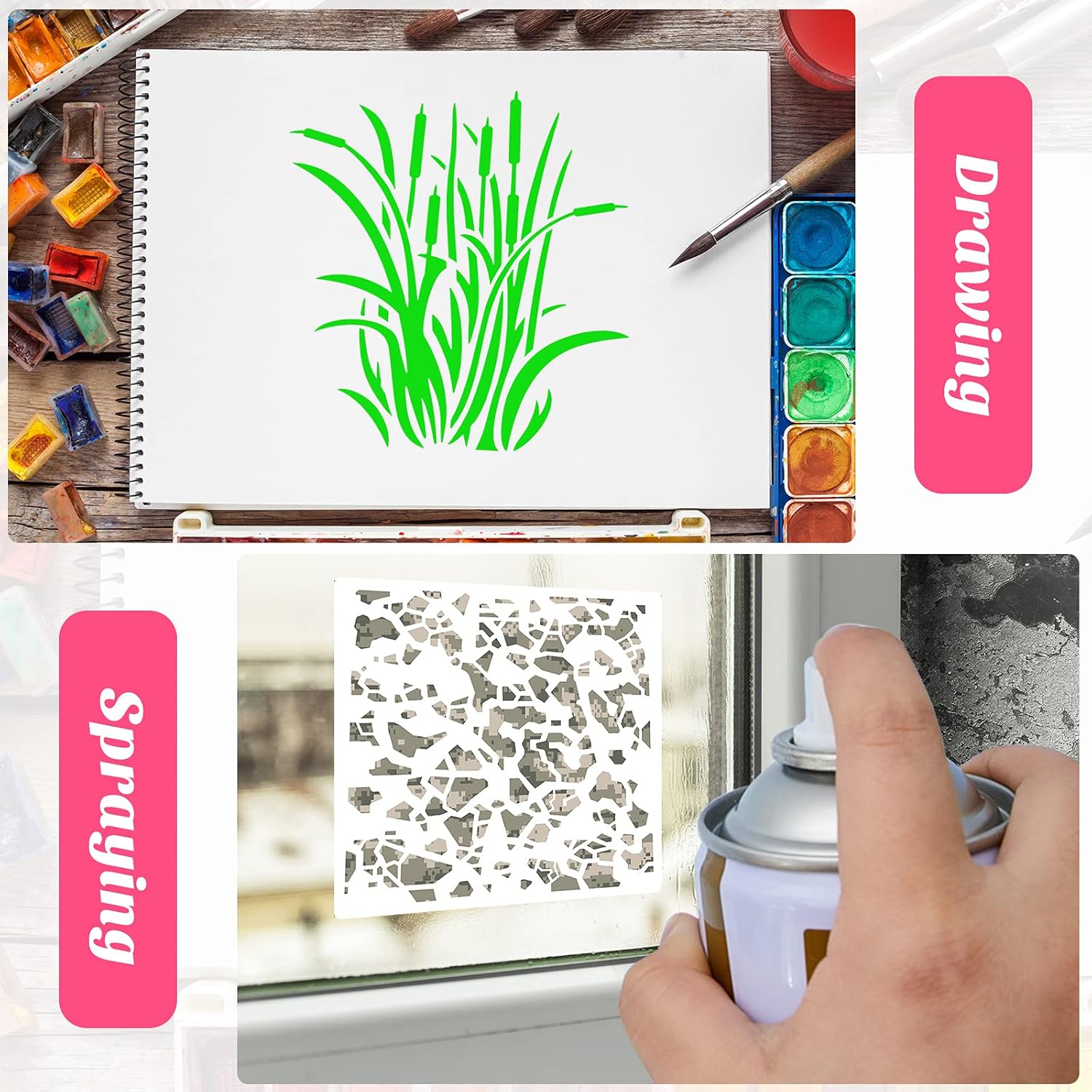 9 Pieces Camo Print Stencils Camouflage Painting Templates Reusable Grass Pattern Stencils Green Camo DIY Stencils for Scrapbooking Painting on Wood Crafts 7.9 x 7.9 Inch 