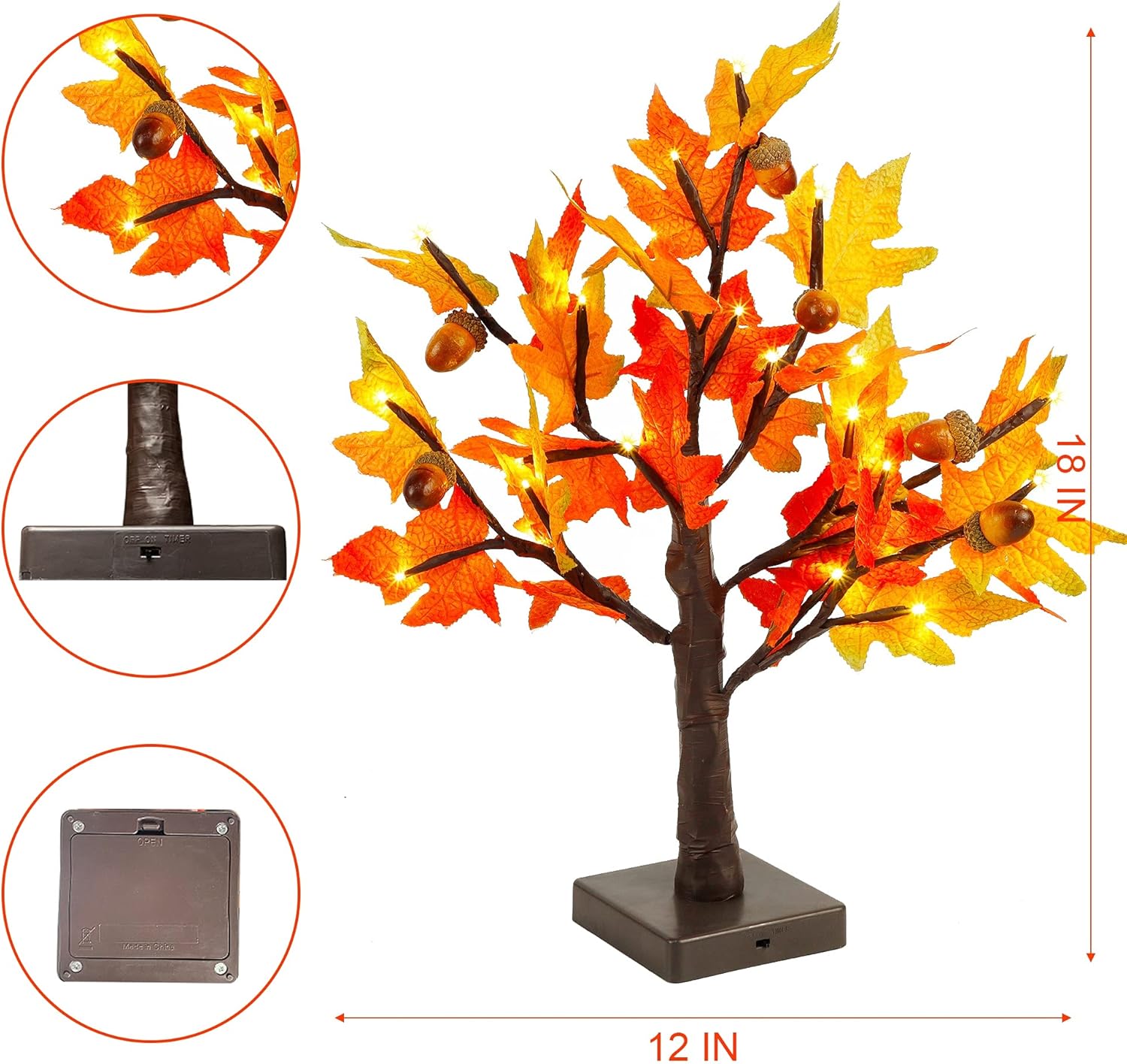 WATERGLIDE Tabletop Lighted Maple Tree 24 LED Thanksgiving Decorations Lights Artificial Table Centerpiece Battery Operated with Timer Leaf and Acorn Autumn Fall Trees for Indoor Home Bedroom Décor 