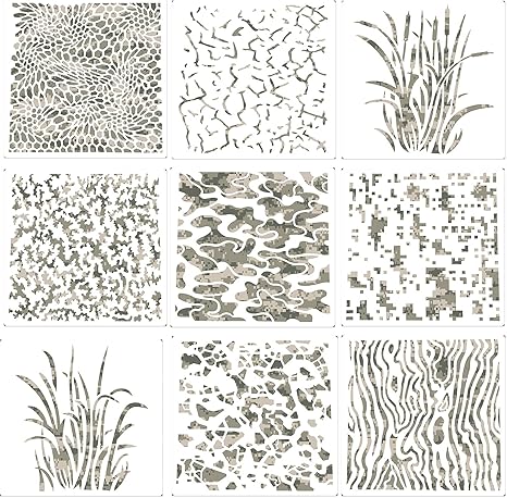9 Pieces Camo Print Stencils Camouflage Painting Templates Reusable Grass Pattern Stencils Green Camo DIY Stencils for Scrapbooking Painting on Wood Crafts 7.9 x 7.9 Inch 