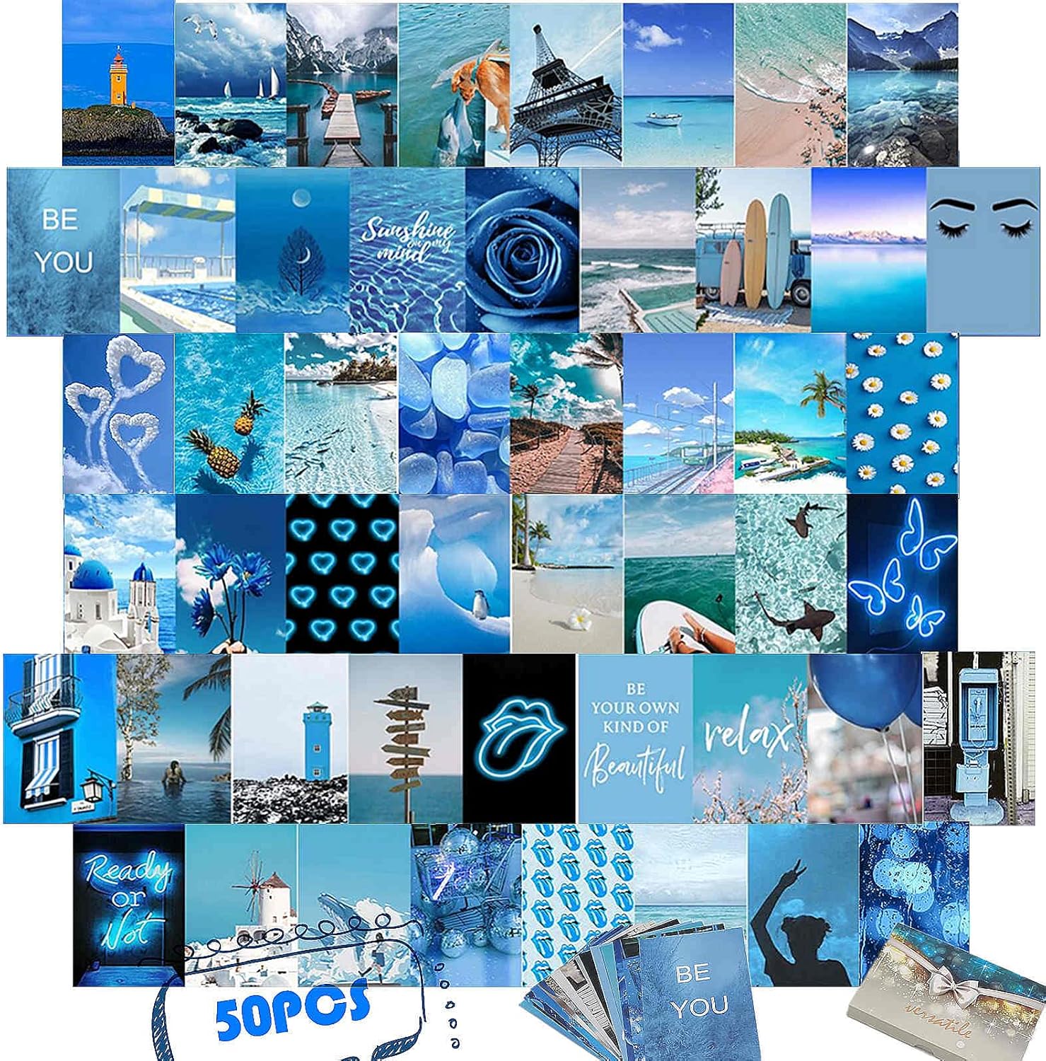 4x6 inch 50 Pcs Poster Pack Indie Room Decor Bedroom Decor for Teen Girls JUWUTE Wall Collage Kit Aesthetic Pictures Blue Aesthetic Poster Bedroom Aesthetic Trendy Small Poster 