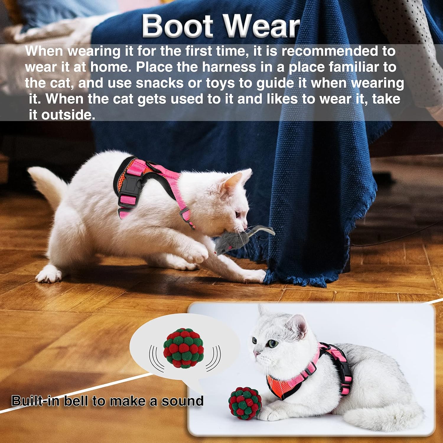 Easy Control and Soft Breathable Mesh Small Pet Vest for Outdoor Walking Escape Proof Adjustable Kitten Harness with Reflective Strip Demigreat Cat Harness with Plush Bouncy Ball and 2 Mouse Toy 
