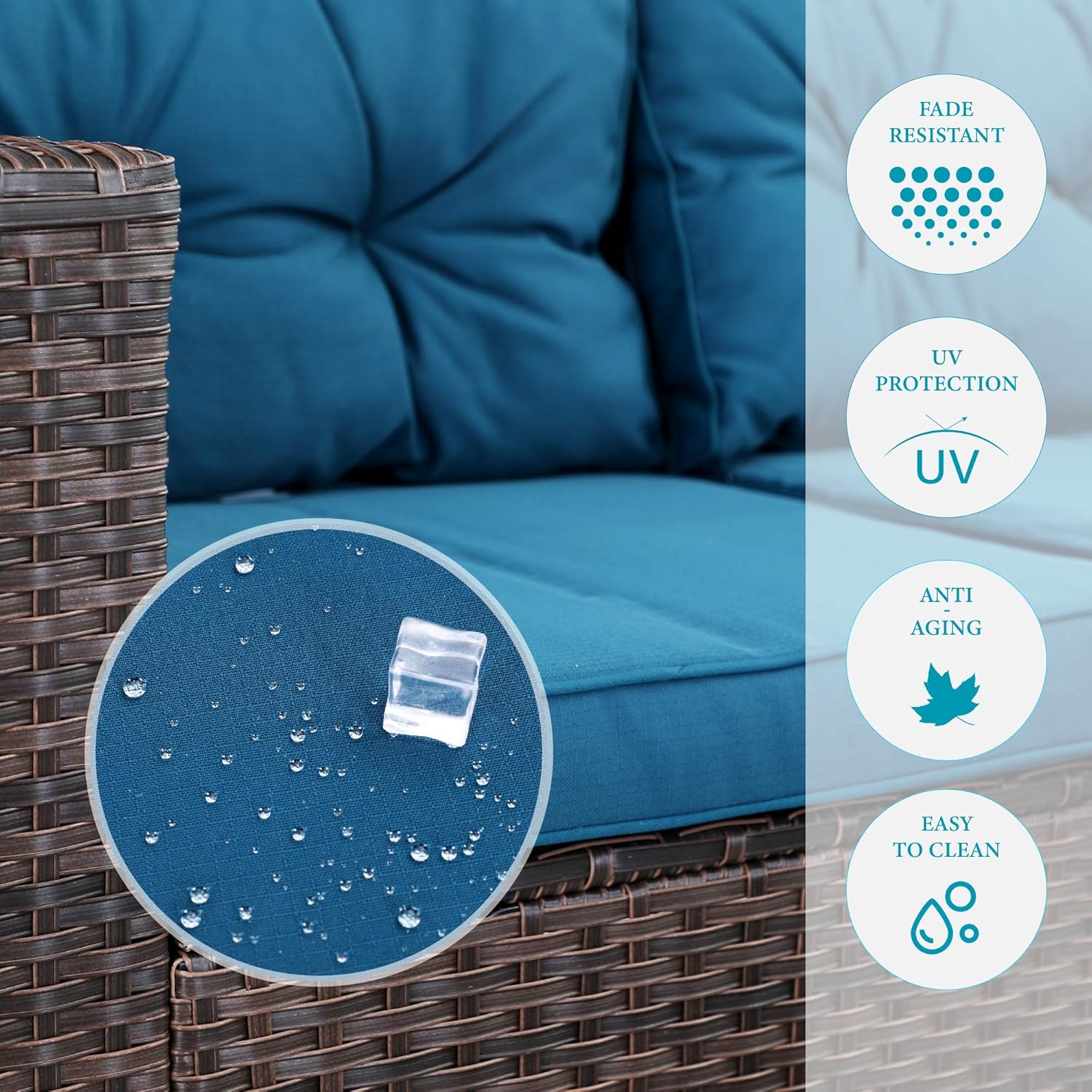 3-Piece, Turquoise Small Patio Wicker Furniture Set PHI VILLA Outdoor Rattan Sectional Sofa 