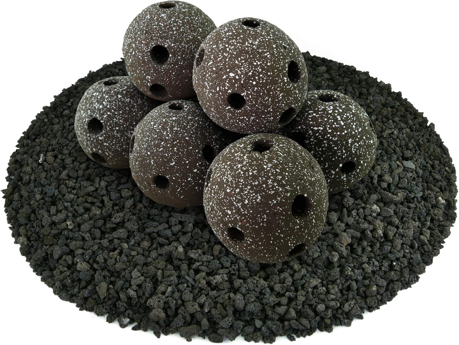 Speckled Modern Accessory for Indoor and Outdoor Fire Pits or Fireplaces – Brushed Concrete Look Ceramic Fire Balls Pewter Gray 6 Inch Set of 5 