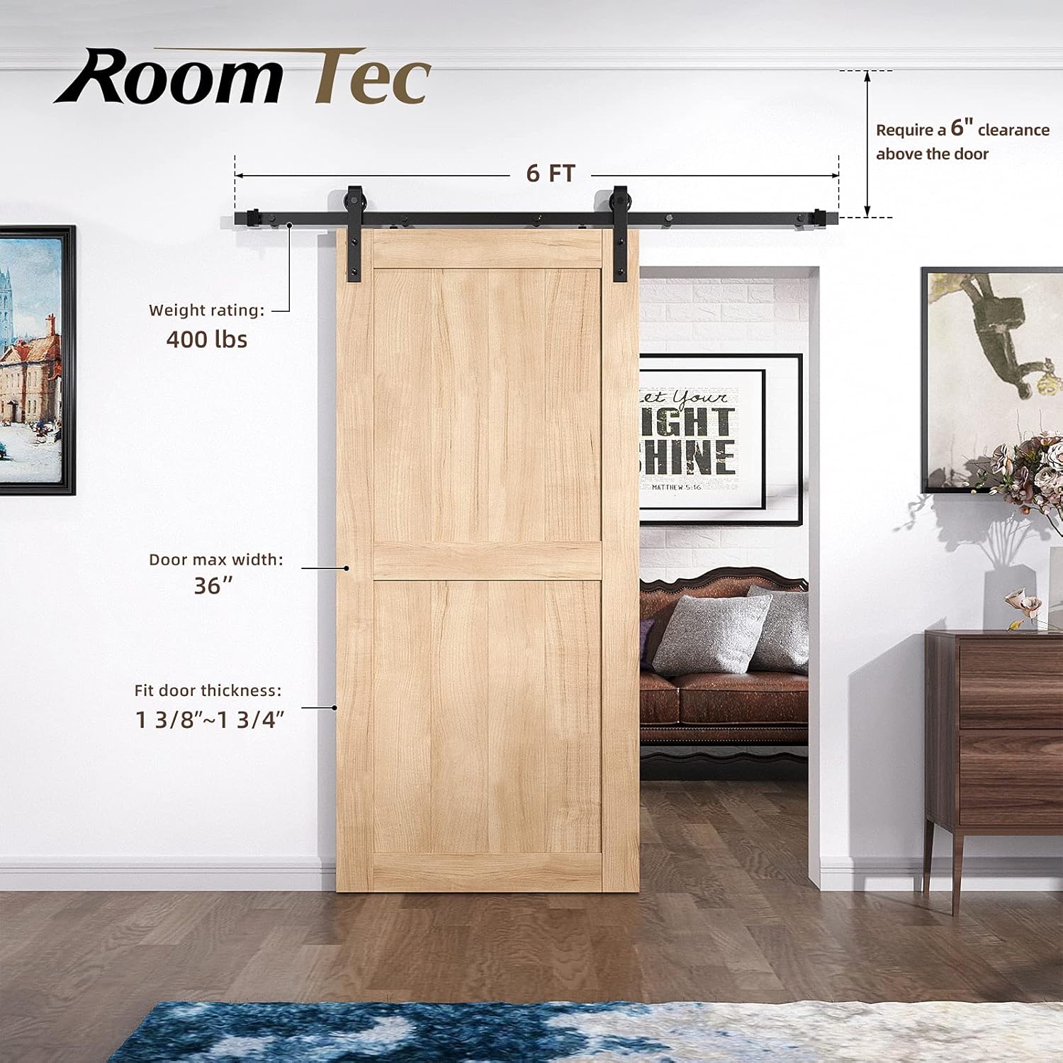 Easy Installation J Shape Hanger Smoothly and Quietly Fit 1 3/8-1 3/4 Thickness Door Panel Black ROOMTEC Sliding Barn Door Hardware Kit 6ft Heavy Duty Sturdy 