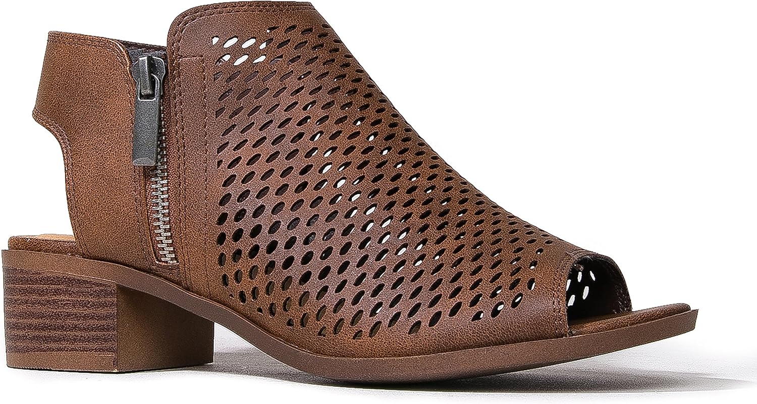 Peep Toe Low Block Heel Perforated Bootie J Adams Tracy Booties for Women Peep Toe Low Block Heel Perforated Bootie J Adams Tracy Booties for Women