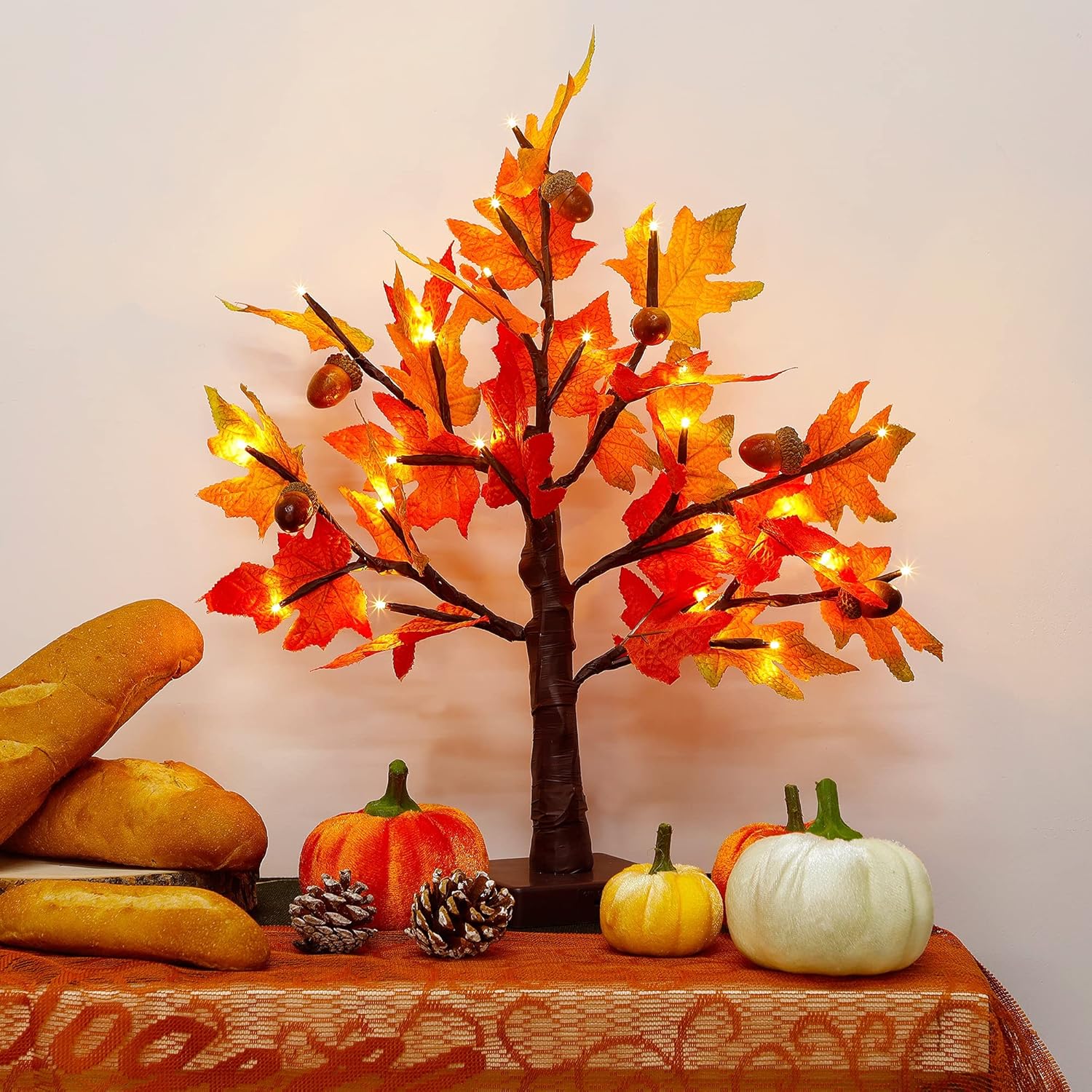 WATERGLIDE Tabletop Lighted Maple Tree 24 LED Thanksgiving Decorations Lights Artificial Table Centerpiece Battery Operated with Timer Leaf and Acorn Autumn Fall Trees for Indoor Home Bedroom Décor 