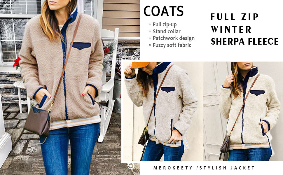 MEROKEETY Womens Long Sleeve Full Zip Sherpa Jackets Patchwork Fleece Coat with Zipper 
