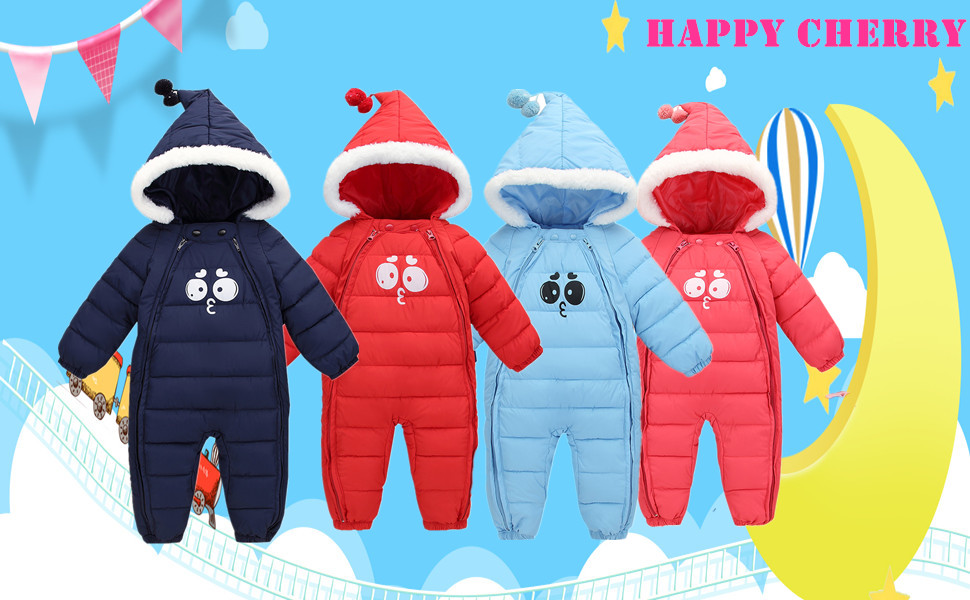 Happy Cherry Baby Adorable Hoodie Jumpsuit Snow Suit Winter Zip Up Long Sleeve One-Piece Coat 