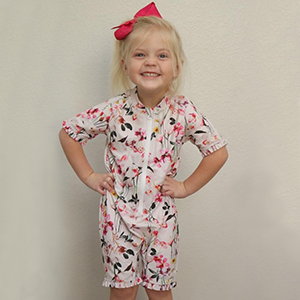 Short Sleeve Bathing Suit Swimsuit Cadocado Girls Print Zip Rash Guard Swimwear Ruffled UPF 50 