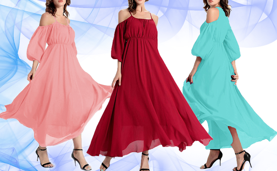 Afibi Womens Off Shoulder Long Chiffon Casual Dress Maxi Evening Dress 